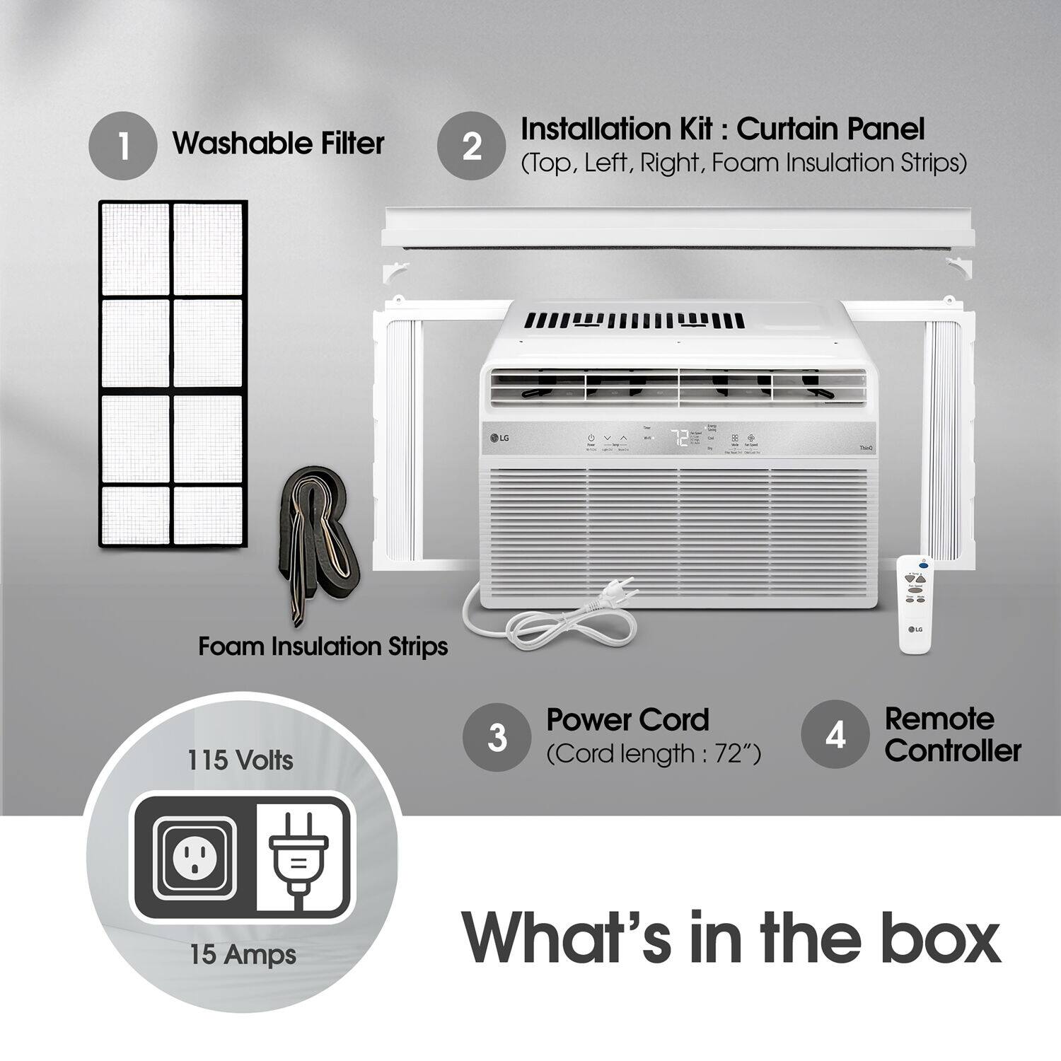 The text on the image is grouped and corrected as follows:

1. Washable Filter Installation Kit
2. Curtain Panel
3. Foam Insulation Strips
4. 115 Volts
5. Power Cord (Cord length: 72")
6. Remote
7. Controller
8. 15 Amps
9. What's in the box