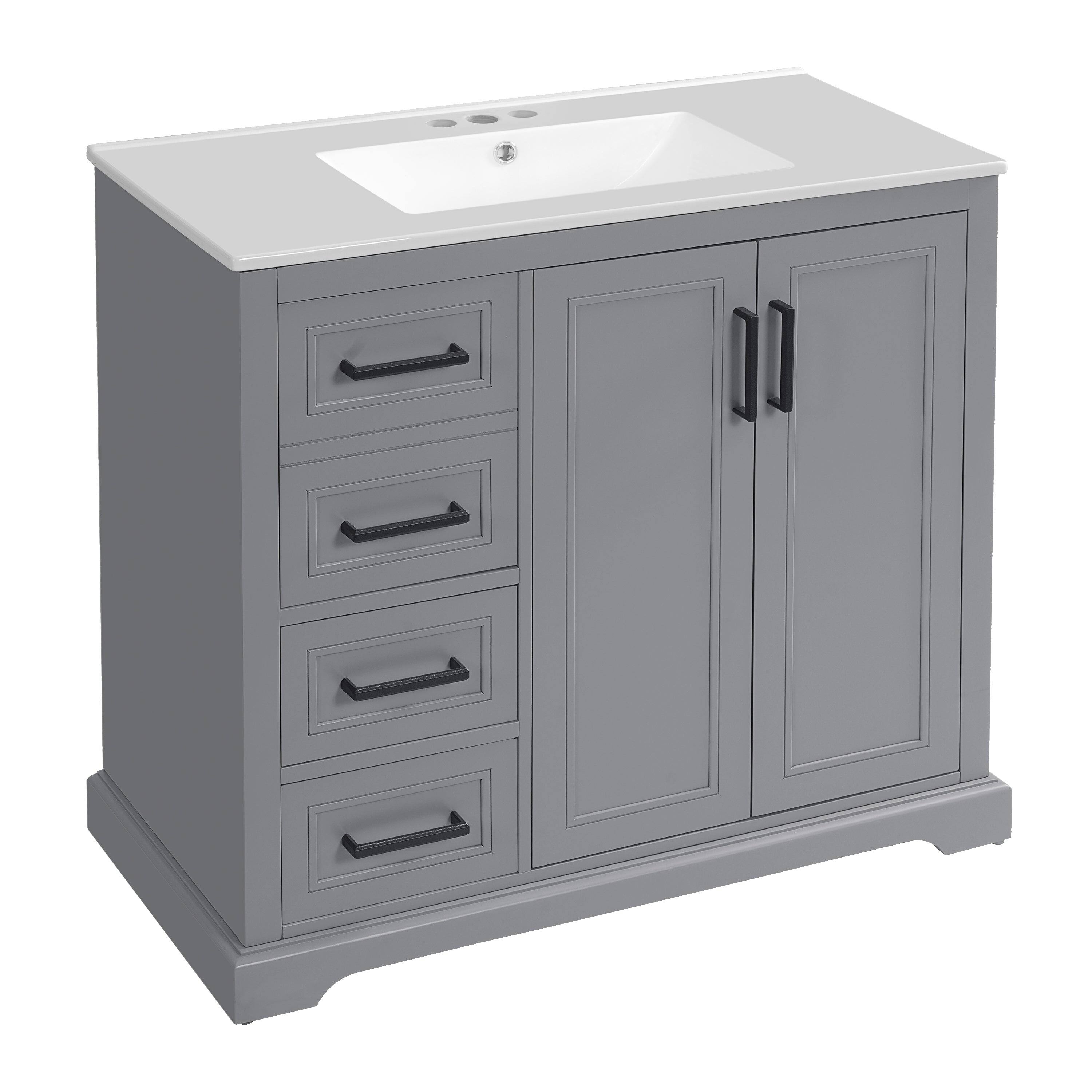 Angle. Boyel Living - 36 Inch Grey Modern Bathroom Vanity with Ceramic Sink Soft Close Doors 3 Drawers Adjustable Shelf Solid Wood and MDF - Black.