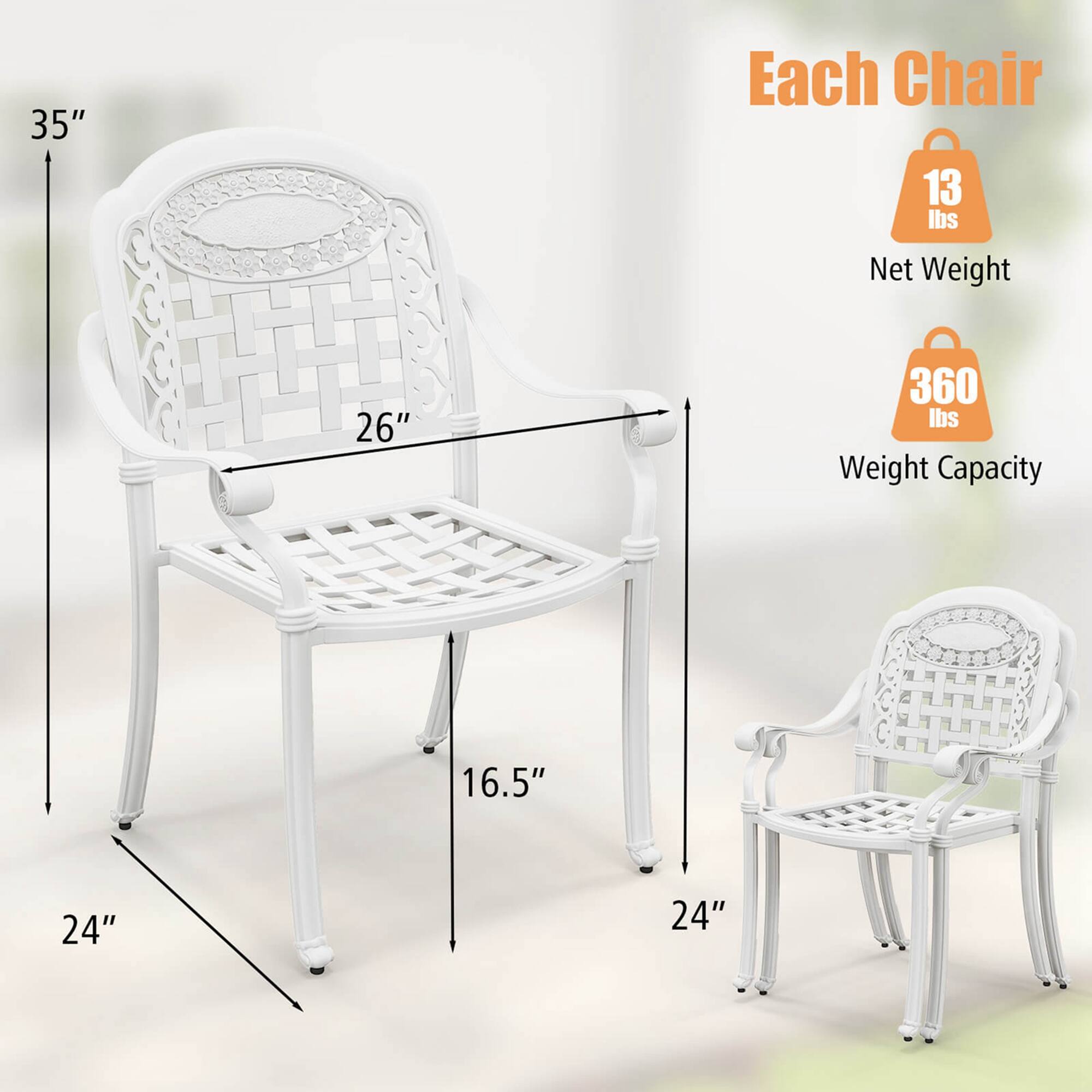 Each Chair

35"

13 lbs Net Weight

26"

360 lbs Weight Capacity

16.5"

24"

24"