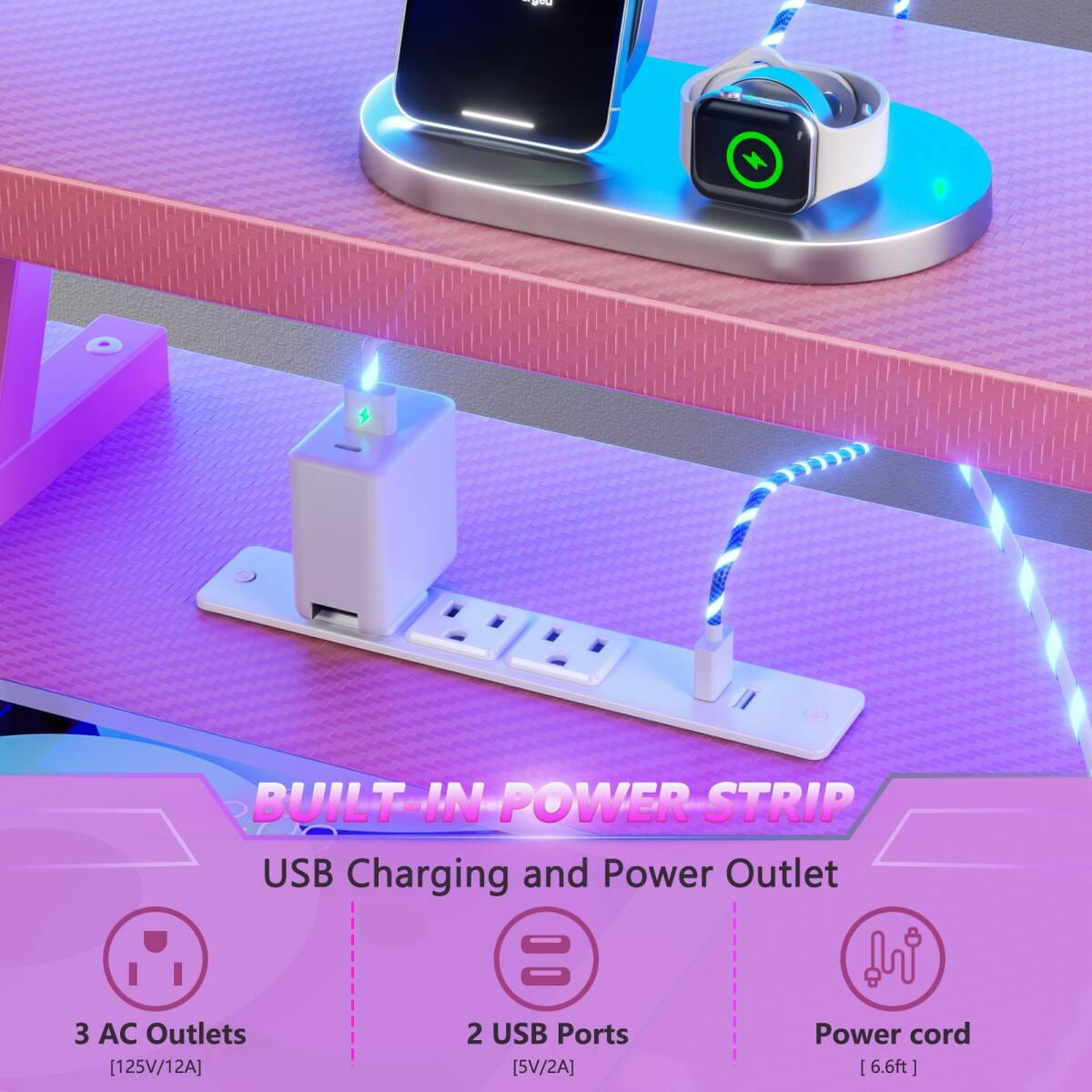 BUILT-IN POWER STRIP  
USB Charging and Power Outlet  
3 AC Outlets [125V/12A]  
2 USB Ports [5V/2A]  
Power cord [6.6ft]