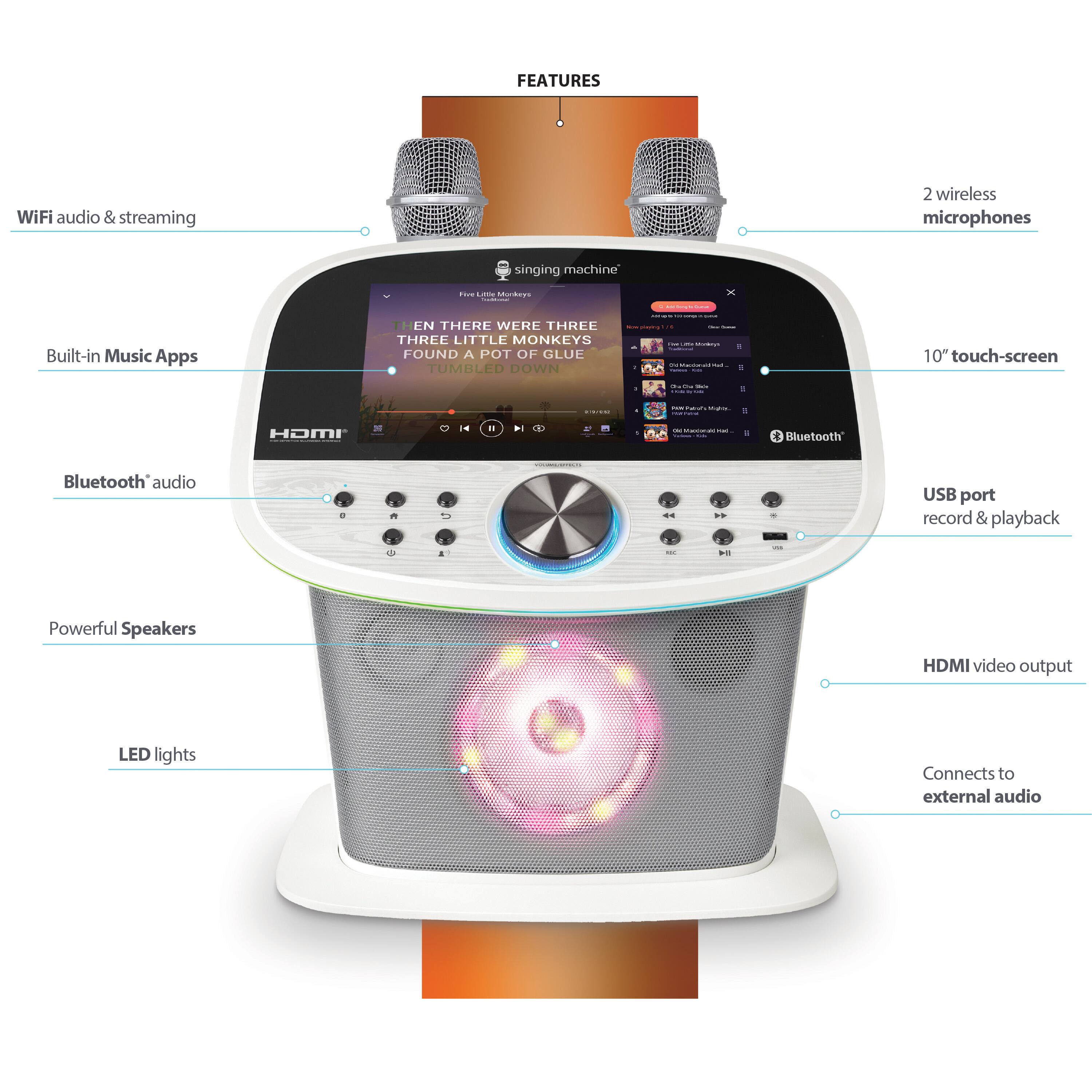Features:

* WiFi audio & streaming
* 2 wireless microphones
* Singing machine
* Built-in Music Apps
* There were three little monkeys found a pot of glue
* Tumbled down
* 10" touch-screen
* Bluetooth audio
* USB port record & playback
* Powerful Speakers
* HDMI video output
* LED lights
* Connects to external audio