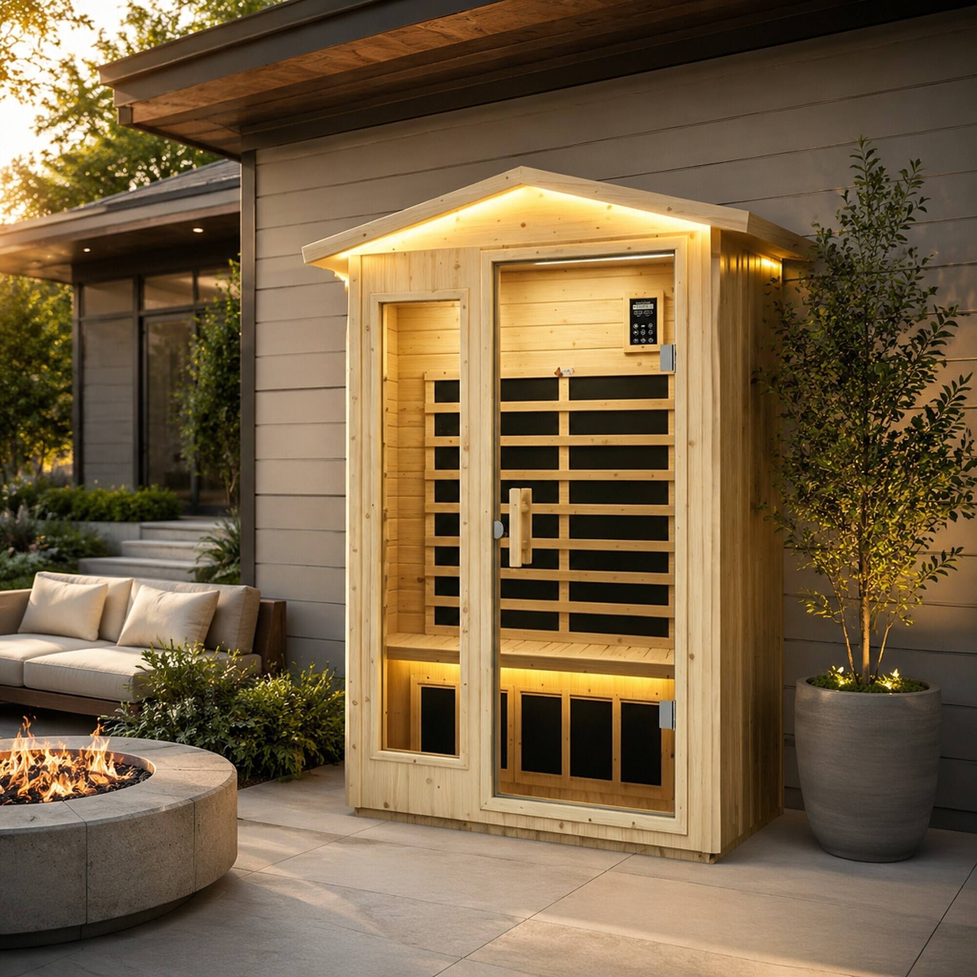Angle. RYHNUYNE - Far Infrared Sauna Room, Norway Spruce Wood, 6 Heating Plates, 1850W, Home Spa - Natural Wood.