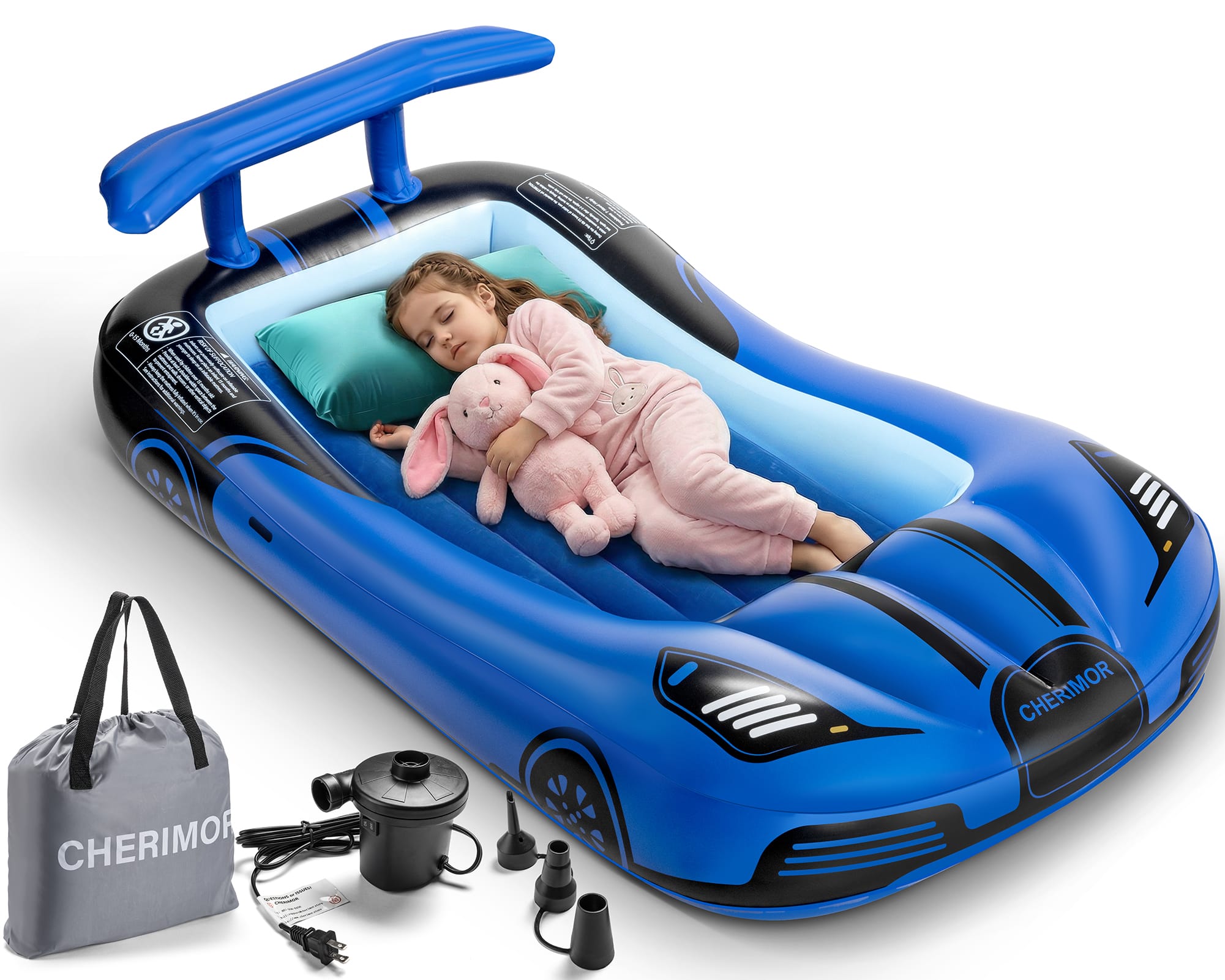 Cherimor - Toddler Air Mattress, Built-In Pump, Raised Safety Bumpers, Auto Inflate, Carrying Case, 330 lb Capacity - Blue