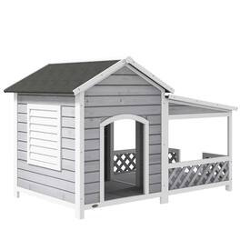 Pawhut - Wooden Dog House Outdoor with Porch, Cabin Style Raised Dog Shelter with Asphalt Roof, Doors, Shutter Window