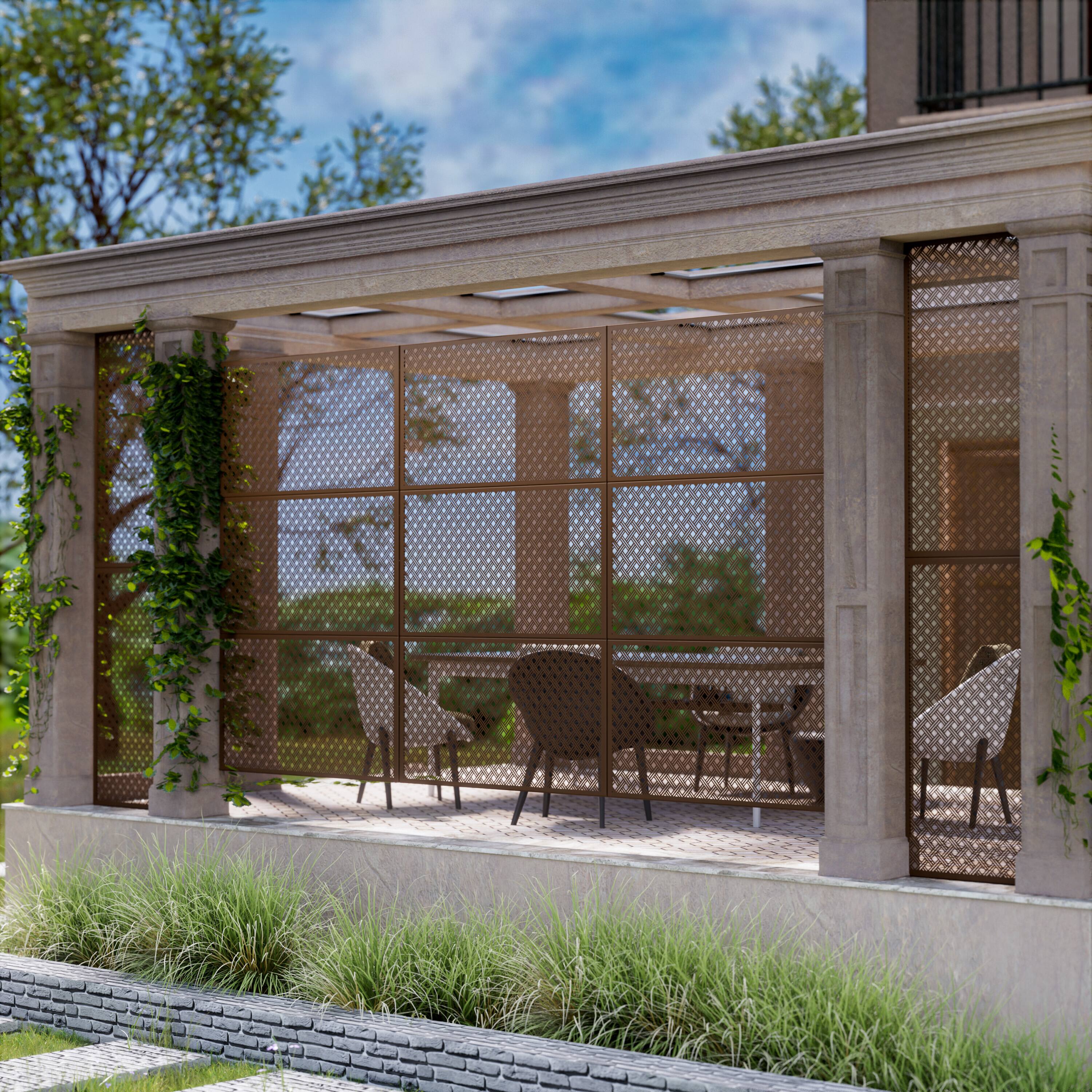 Alt View 4. PexFix - 72 in. x 47 in. Keith Pattern Metal Outdoor Privacy Screen & Panels, Freestanding Garden Divider Fence - Brown.