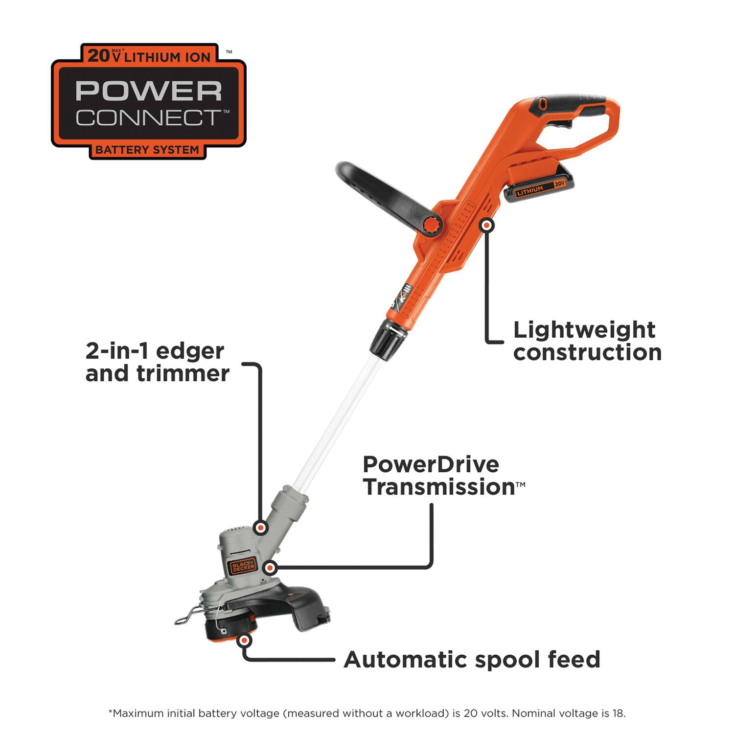 20V LITHIUM ION POWER CONNECT™ BATTERY SYSTEM

- 2-in-1 edger and trimmer
- Lightweight construction
- PowerDrive™ Transmission
- Automatic spool feed

*Maximum initial battery voltage (measured without a workload) is 20 volts. Nominal voltage is 18.
