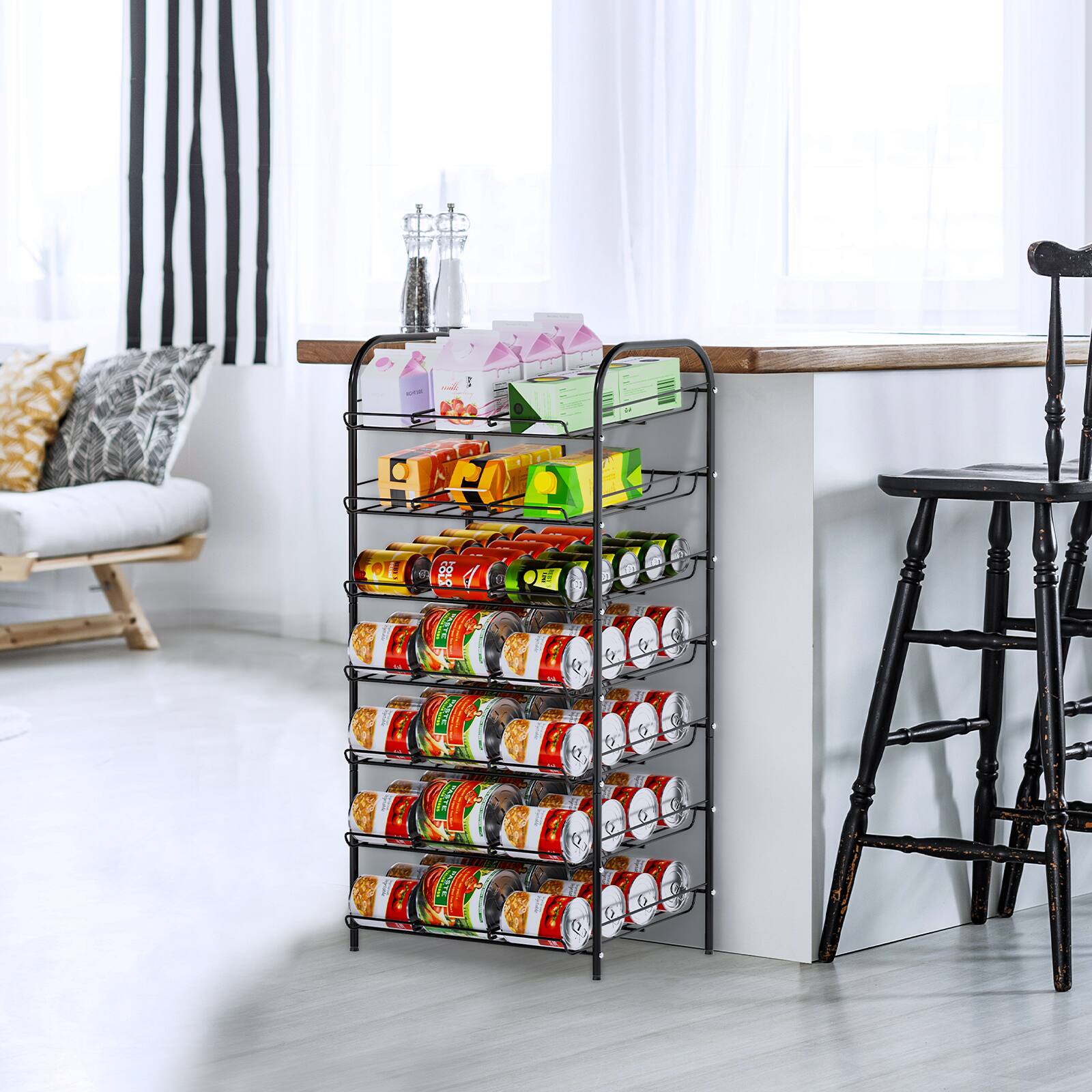 Back. Oumilen - 7-Tier Black Metal Can Storage Rack, Freestanding Rolling-Free Pantry Can Organizer for Canned Food & Soda Drinks - Black.