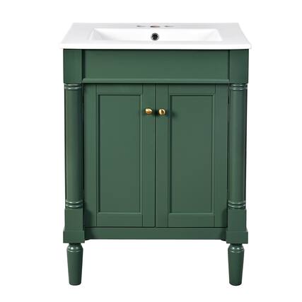 Front. Boyel Living - 24 Inch Bathroom Vanity Green with Ceramic Sink Solid Wood Frame Double Door Storage - Green.