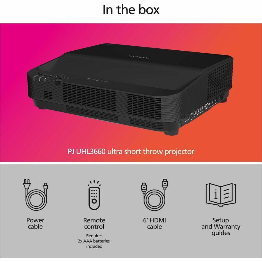 In the box:

- PJ UHL3660 ultra short throw projector
- Power cable
- Remote control (Requires 2x AAA batteries, included)
- 6' HDMI cable
- Setup and Warranty guides
