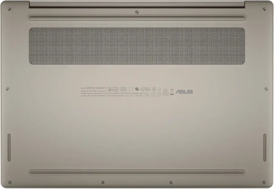 The text on the image reads: "Model UX3407QA Notebook PC - - - -- d moJNs NO CE 8 adda Designed by ASUSTe Computer ne CONTRO - I ASUS Al righis reserved Assombion - China LEC UMSeeW s CAN 0NMo-003 FC R-NZ oveans FOO RASMEZNE and CTSA-MT7R2184 mput +20V-3.25A.65m M."