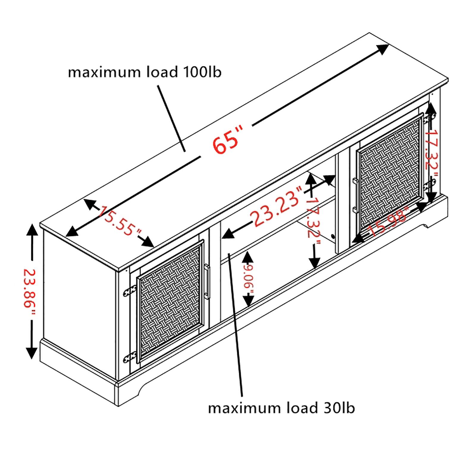 maximum load 100lb  
23.86"  
15.55"  
65"  
23.23"  
17.32"  
9.06"  
17.32"  
15.98"  
98  
15"  
maximum load 30lb