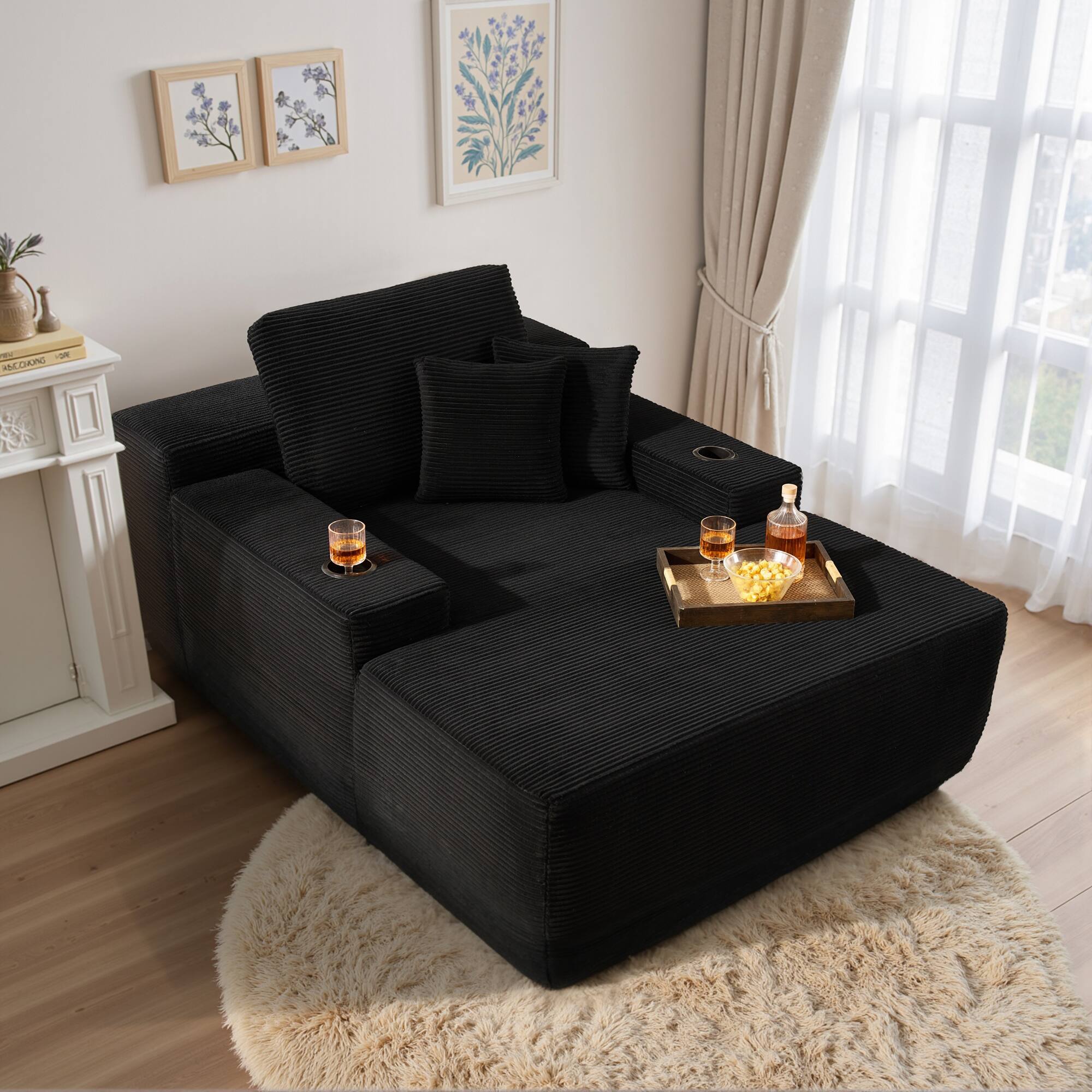 Ovios - 67'' Fluffy Chaise Lounge Chair, Sofa Bed with Cup Holders, Sleeper Couch for Living Room - Black(Corduroy)