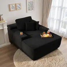 Front. Ovios - 67'' Fluffy Chaise Lounge Chair, Sofa Bed with Cup Holders, Sleeper Couch for Living Room - Black(Corduroy).