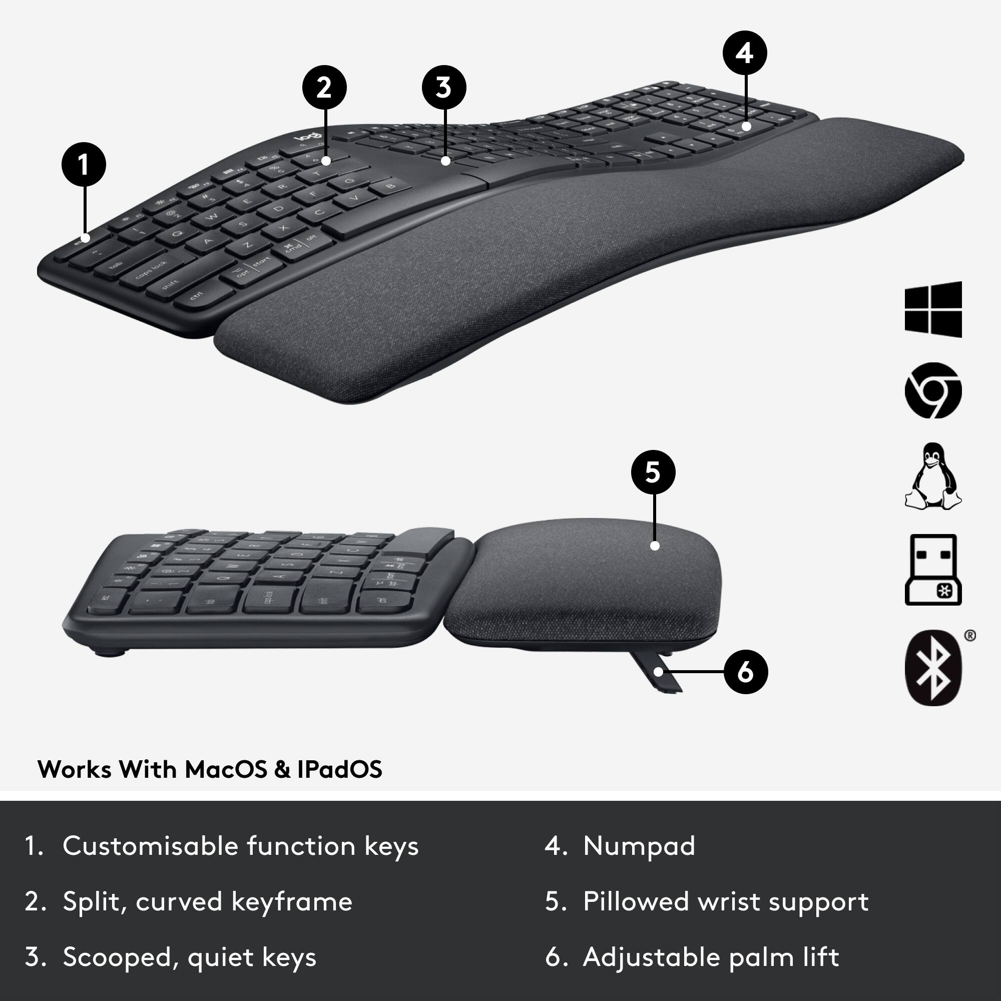 Works With MacOS & iPadOS

1. Customisable function keys
2. Split, curved keyframe
3. Scooped, quiet keys
4. Numpad
5. Pillowed wrist support
6. Adjustable palm lift