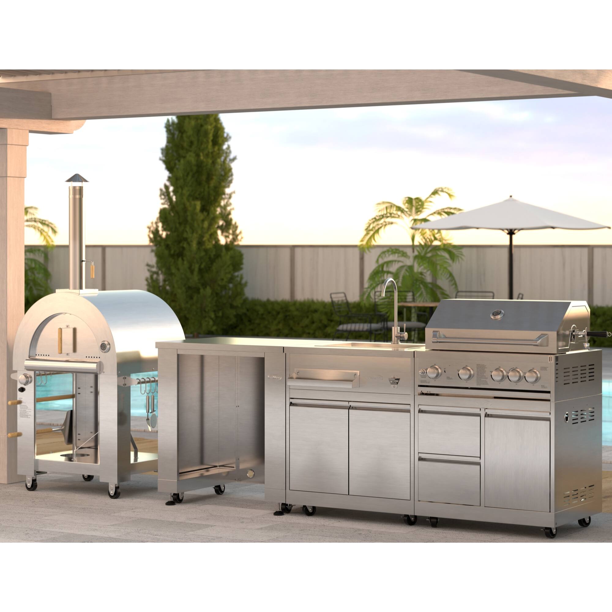 Left. Koolmore - Outdoor Modular Kitchen with a Dual Fuel Pizza Oven, Refrigerator and Cabinet, Sink, 30 in. BBQ Grill And Grill Cabinet - Stainless Steel.
