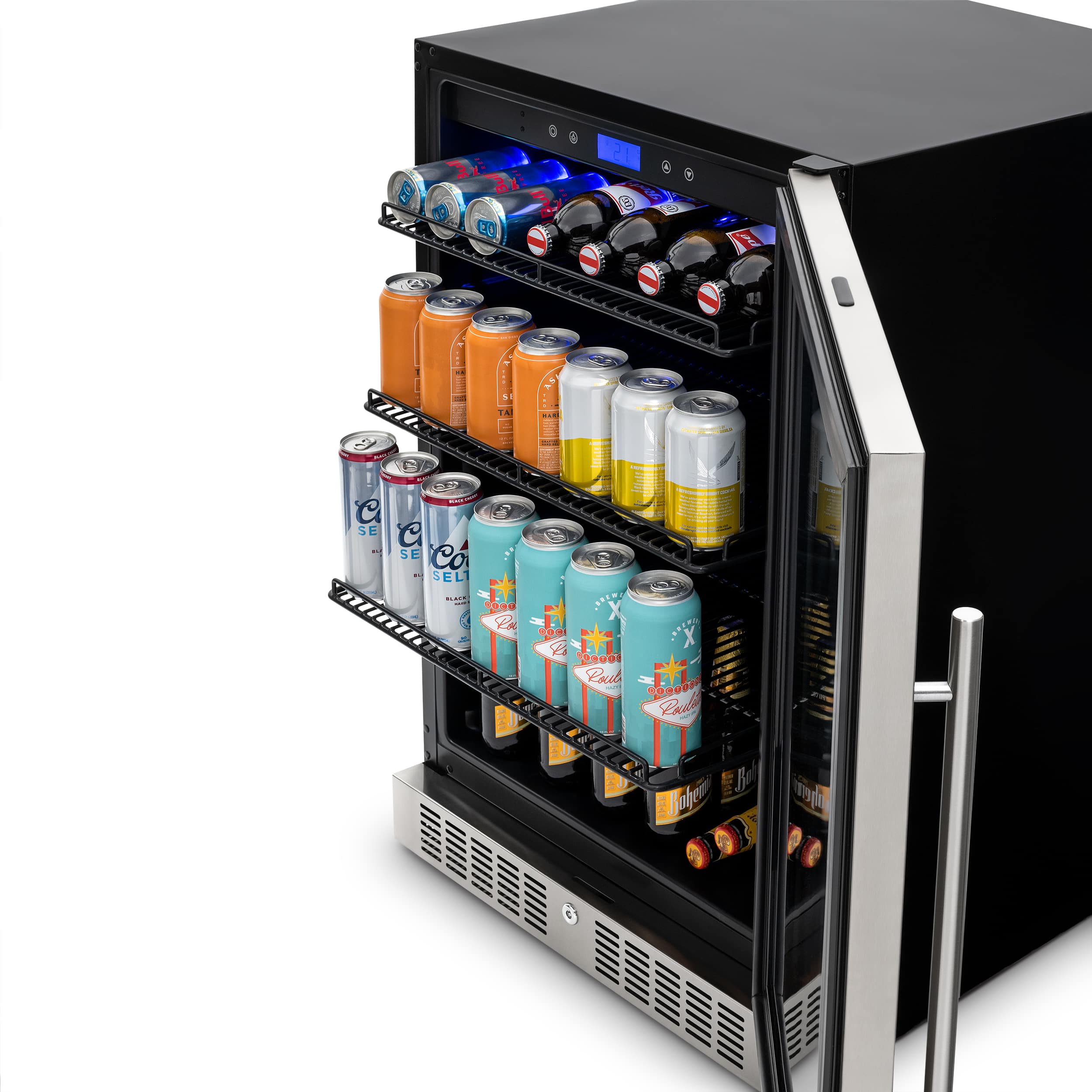 The image features a refrigerator with a drink dispenser on the door. The dispenser is filled with a variety of drinks, including cans and bottles of soda. The drinks are organized in a way that allows for easy access and selection. The refrigerator is designed to keep the drinks cold and fresh, ensuring that they remain in optimal condition for consumption. The drink dispenser is an efficient and convenient way to store and serve beverages, making it a popular feature in many households and establishments.