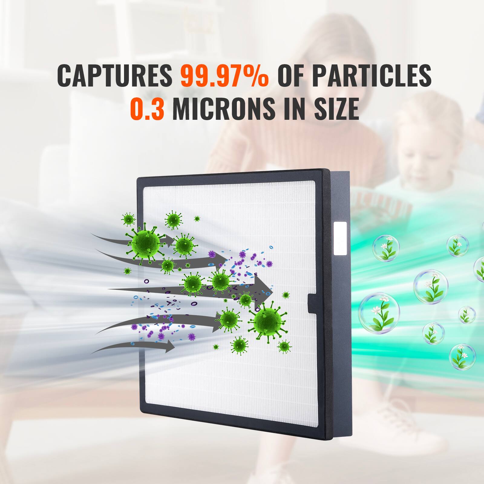 CAPTURES 99.97% OF PARTICLES 0.3 MICRONS IN SIZE