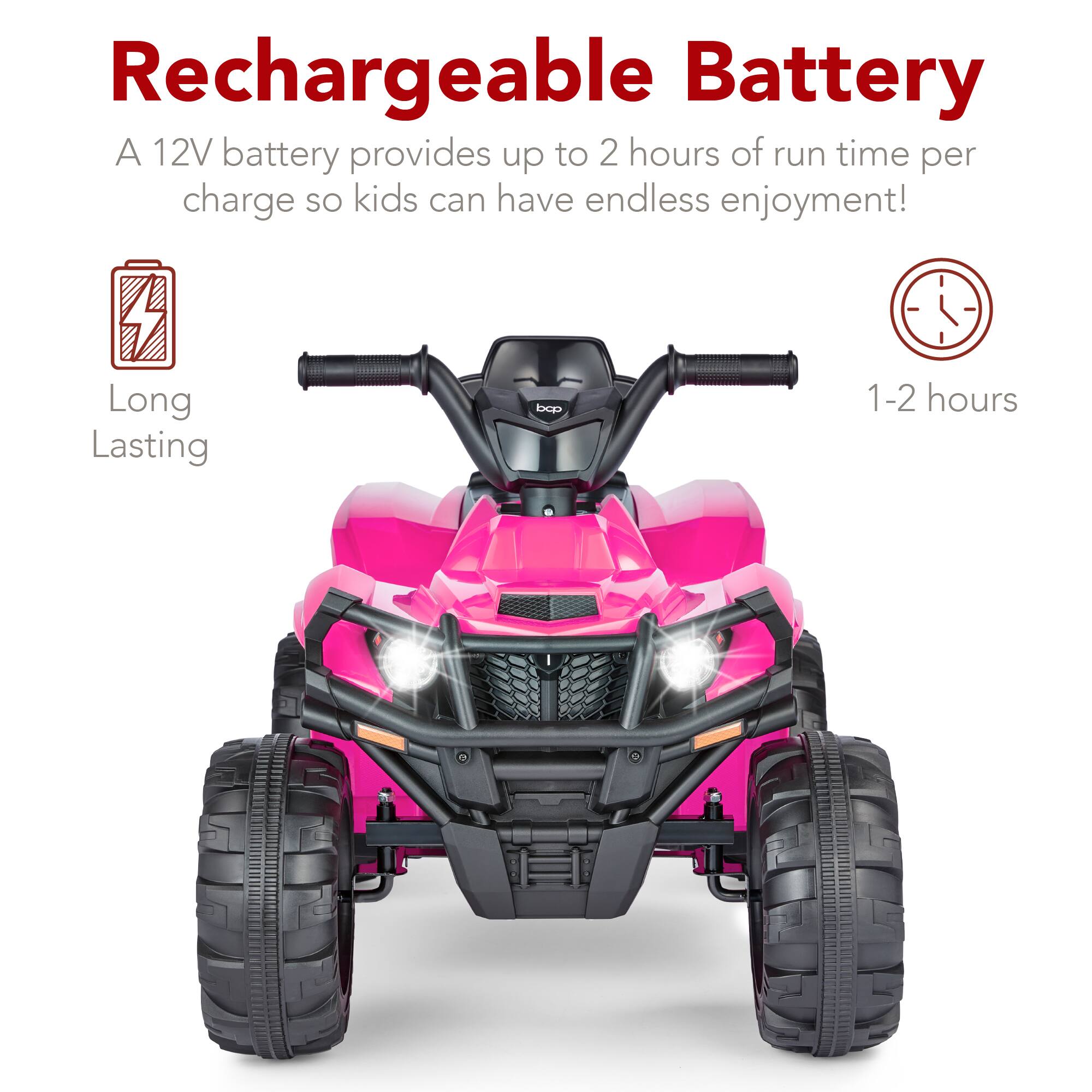 Rechargeable Battery

A 12V battery provides up to 2 hours of run time per charge so kids can have endless enjoyment!

Long Lasting

1-2 hours