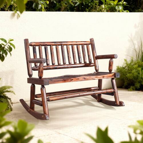 Alt View 4. Winado - 33.5inch Wooden Rocking Chair Weather-Resistant Loveseat with High Backrest Built 2 Person for Indoor Outdoor Garden - Carbonized.