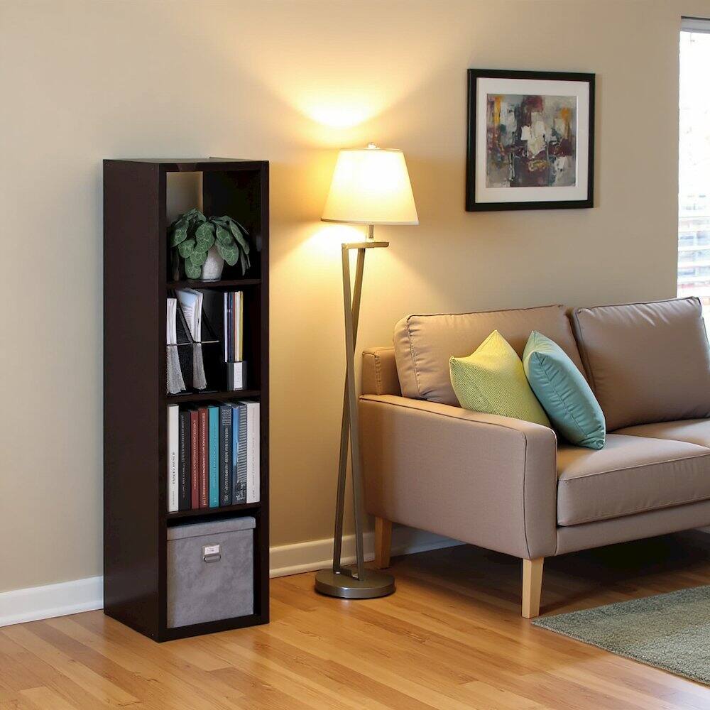 Angle. FurniFact - Black Wood 4 Cube Storage Organizer with Open Back Vertical Cube Storage - Dark Oak.