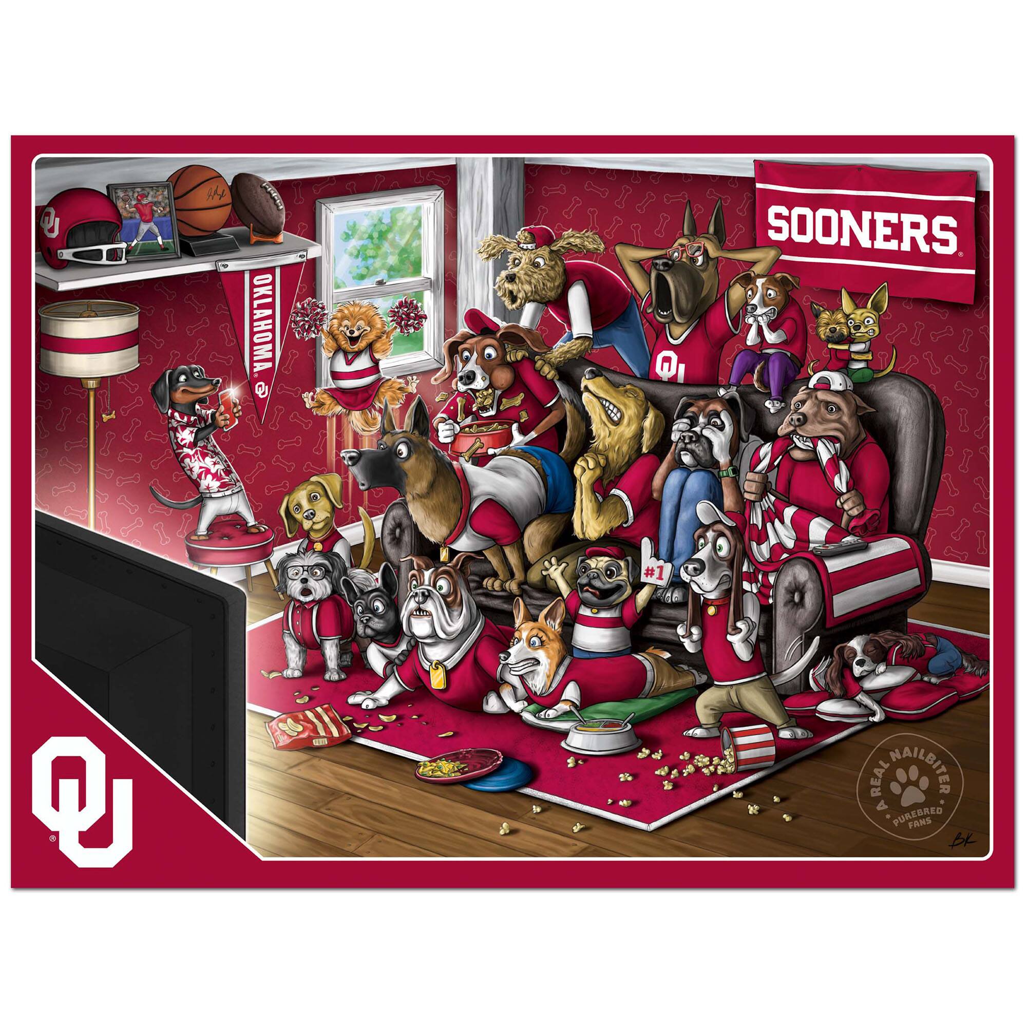 Sure, here is the corrected and grouped text from the image:

---

**Top Left:**
- "iH OKLAHOMA"

**Top Center:**
- "SOONERS"

**Top Right:**
- "SOONERS"

**Bottom Left:**
- "OKLAHOMA"

**Bottom Center:**
- "REX NAILBITER"
- "PUREBRED FANS"

**Bottom Right:**
- "REX NAILBITER"
- "PUREBRED FANS"

**Bottom Center (on the rug):**
- "OKLAHOMA"

**Bottom Left (on the TV):**
- "OKLAHOMA"

**Bottom Right (signature):**
- "B.K."

---

This text is grouped based on its location in the image.