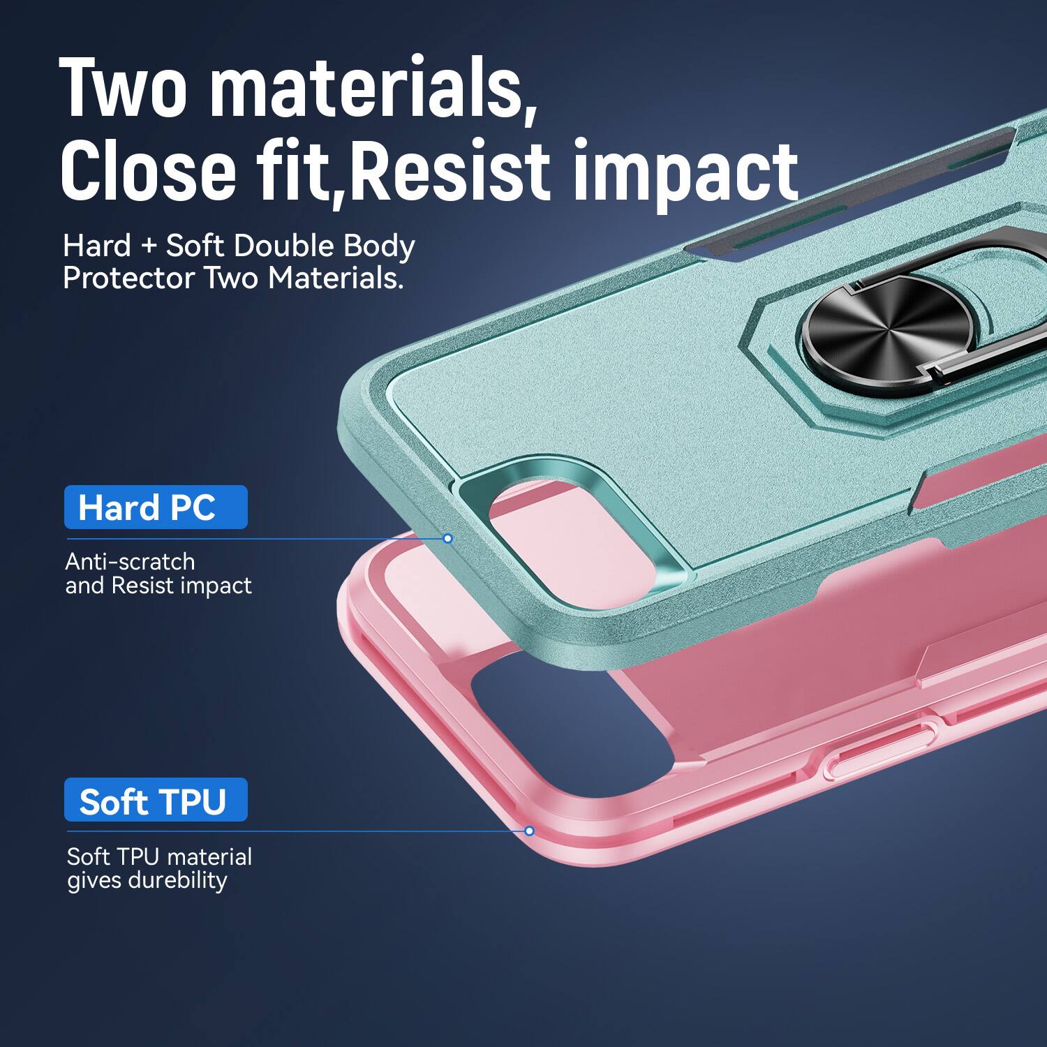Two materials, Close fit, Resist impact  
Hard + Soft Double Body Protector Two Materials.  
Hard PC  
Anti-scratch and Resist impact  
Soft TPU  
Soft TPU material gives durability