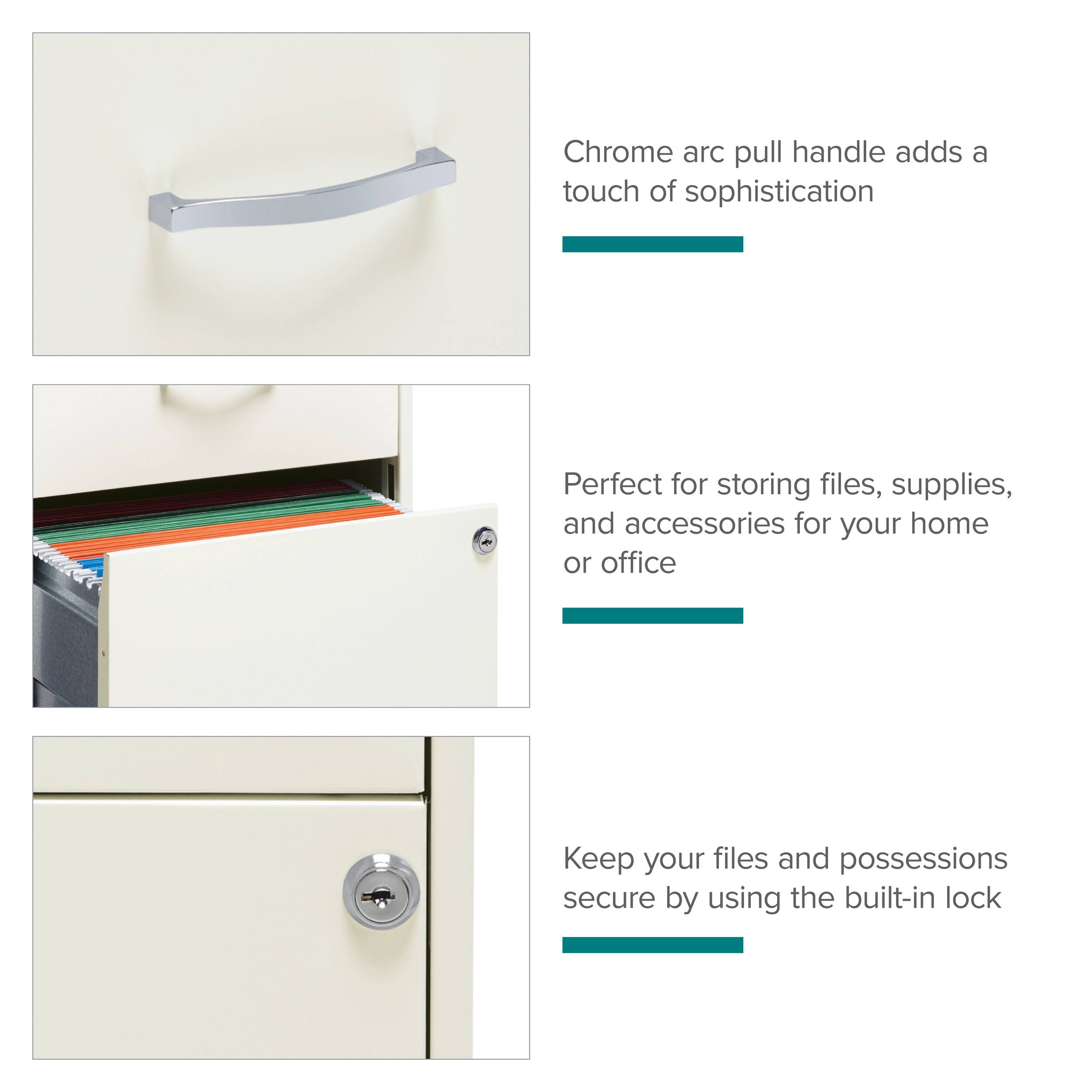 Chrome arc pull handle adds a touch of sophistication

Perfect for storing files, supplies, and accessories for your home or office

Keep your files and possessions secure by using the built-in lock