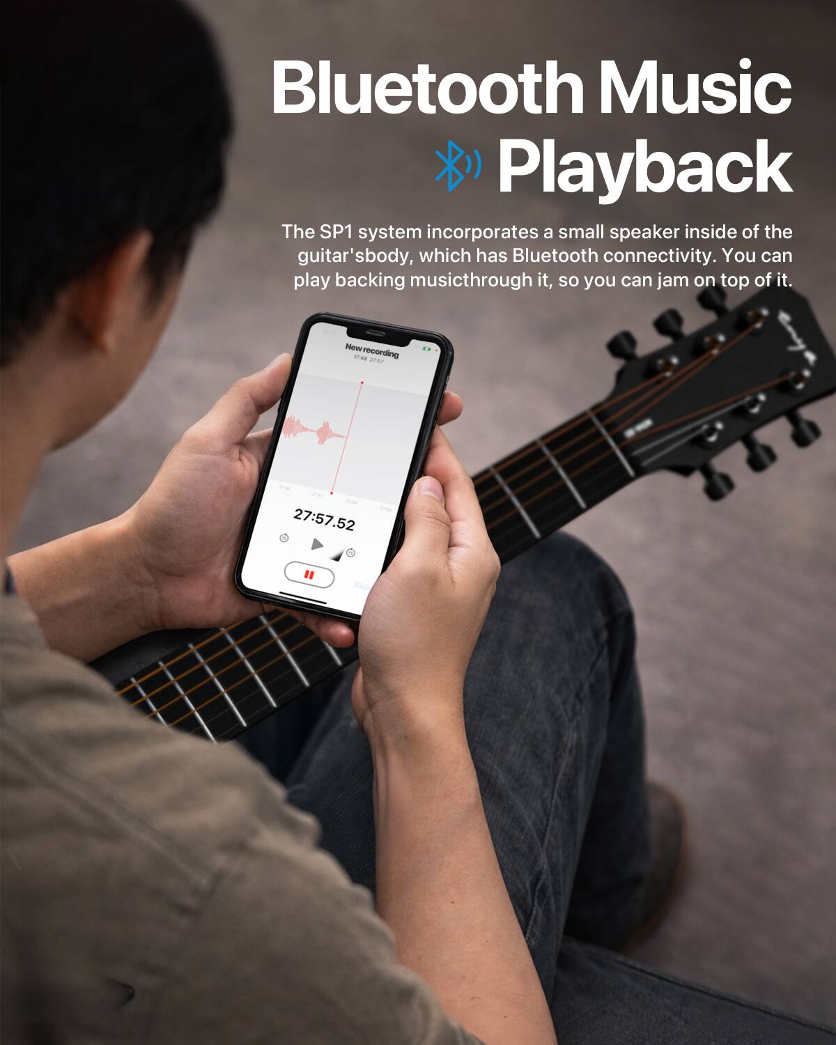 Bluetooth Music Playback

The SP1 system incorporates a small speaker inside of the guitar's body, which has Bluetooth connectivity. You can play backing music through it, so you can jam on top of it.

New recording
27:57.52