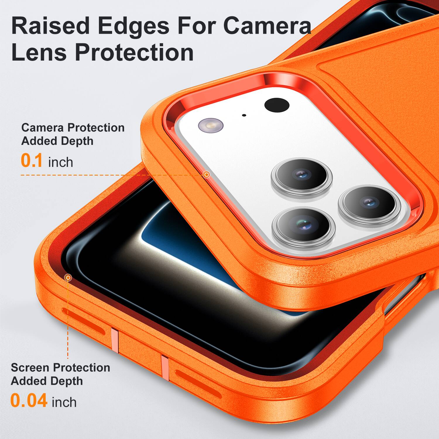 Raised Edges For Camera Lens Protection

Camera Protection Added Depth 0.1 inch

Screen Protection Added Depth 0.04 inch