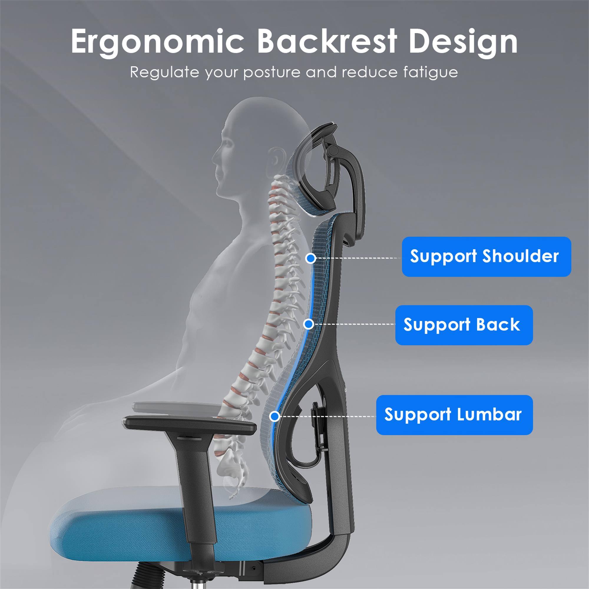 Ergonomic Backrest Design  
Regulate your posture and reduce fatigue  

Support Shoulder  
Support Back  
Support Lumbar