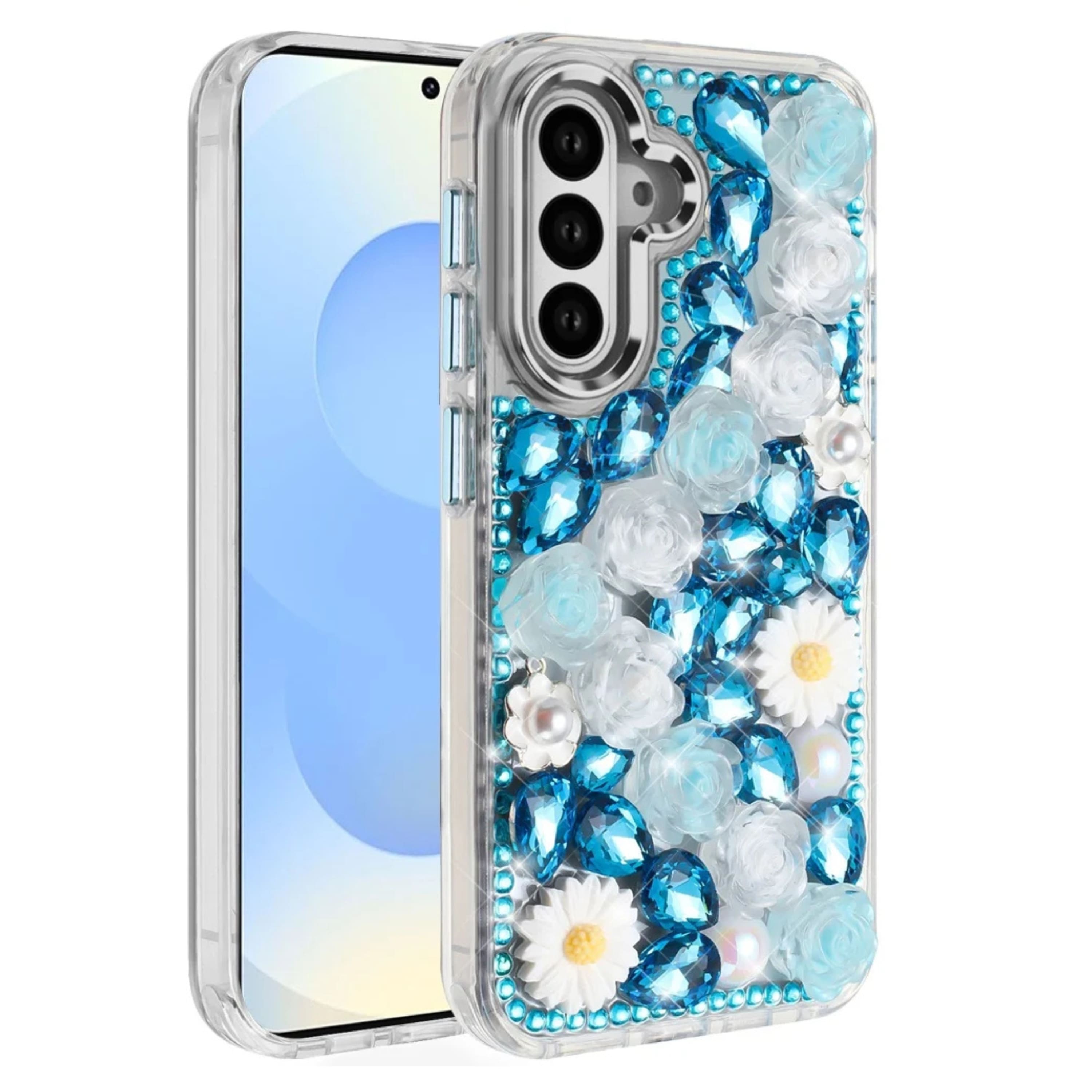 Kitcheniva - Full 3D Bling Rhinestone Jewel Case With Tempered Glass For Samsung S25 S24 - Blue