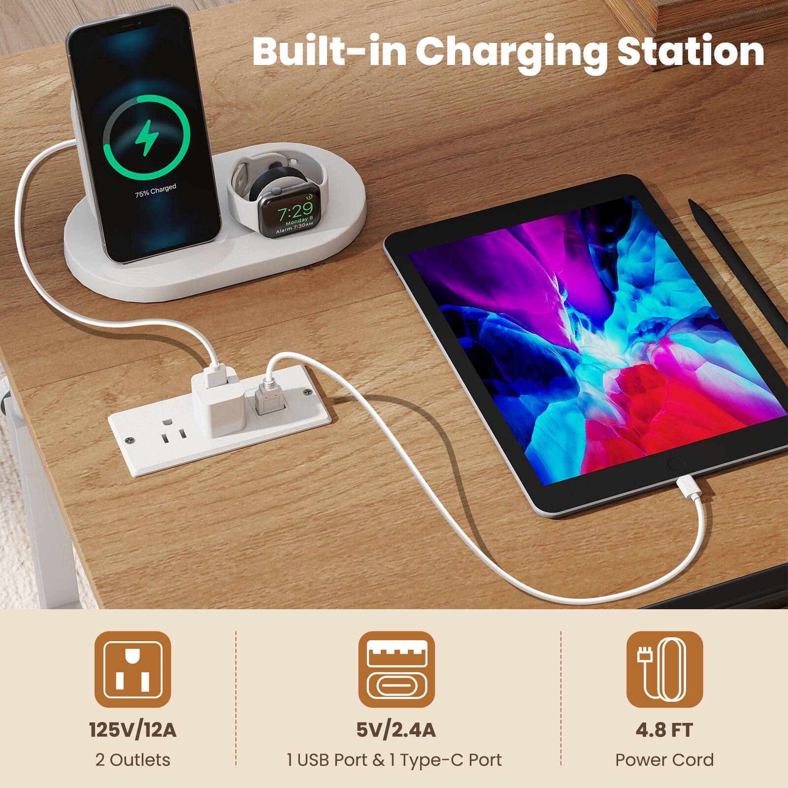 Built-in Charging Station

75% Charged

7:29

Maraav + MaT

2 A

125V/12A

2 Outlets

5V/2.4A

1 USB Port & 1 Type-C Port

4.8 FT Power Cord