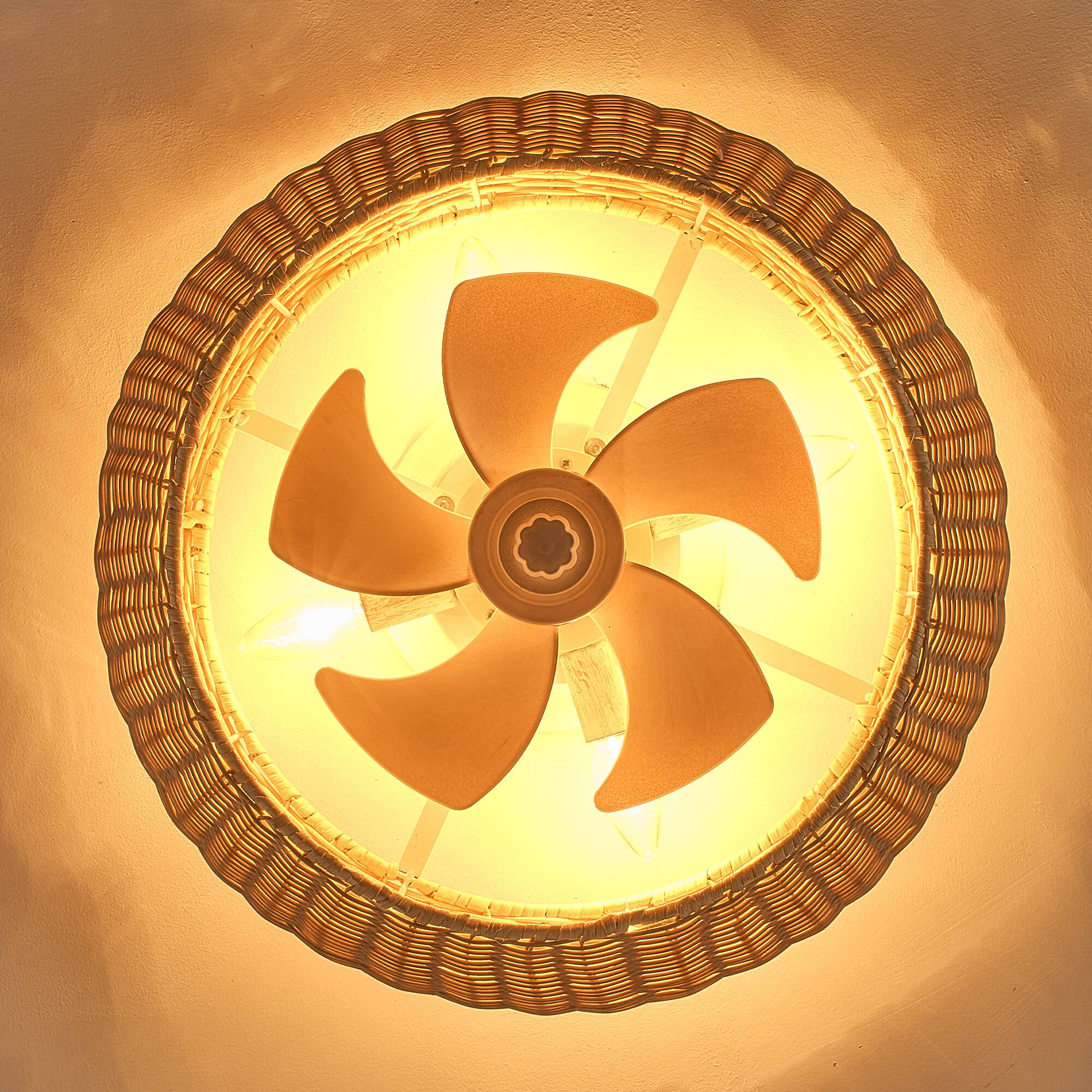 Alt View 2. Vaczon - 20" Boho Rattan Caged Ceiling Fan with Light and Remote, 6-Speed Reversible Blades, Low-Profile Flush Mount Ceiling Fan - Natural Rattan.