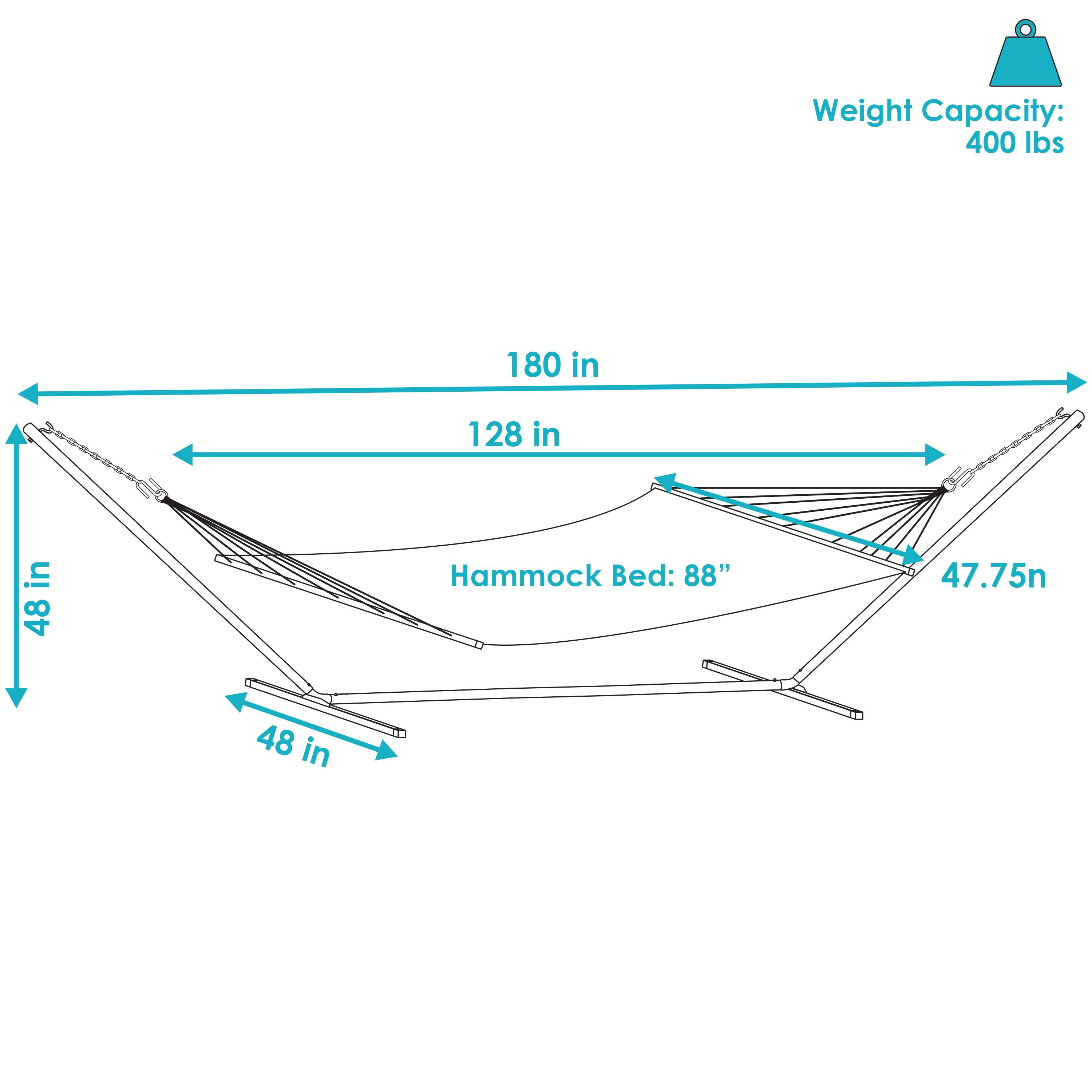 Weight Capacity: 400 lbs

Hammock Bed: 88" x 47.75"

Dimensions:
- Length: 180 in
- Width: 128 in
- Height: 48 in
- Height from ground: 48 in
