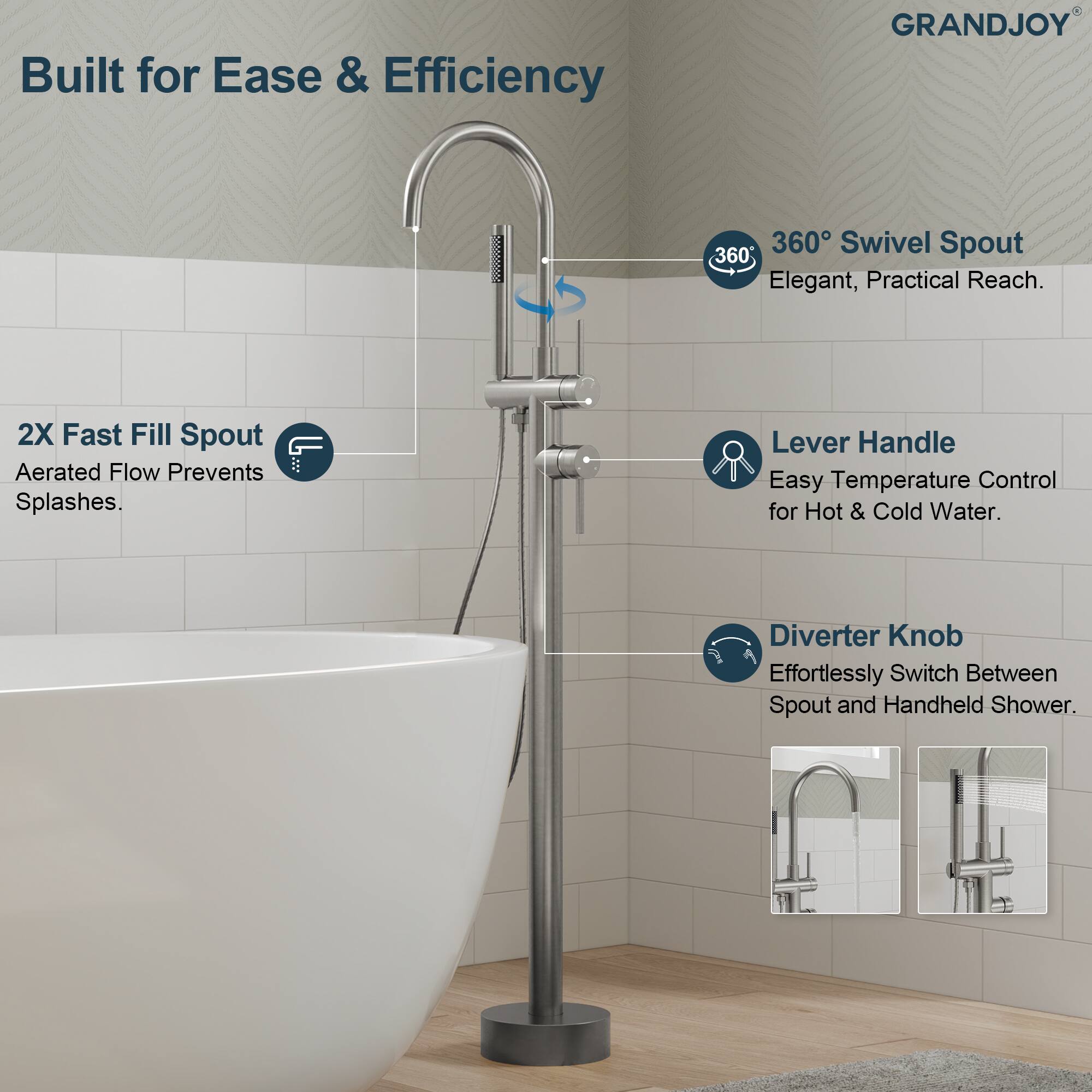 Built for Ease & Efficiency

GRANDJOY

- 360° Swivel Spout
  - Elegant, Practical Reach.

- 2X Fast Fill Spout
  - Aerated Flow Prevents Splashes.

- Lever Handle
  - Easy Temperature Control for Hot & Cold Water.

- Diverter Knob
  - Effortlessly Switch Between Spout and Handheld Shower.