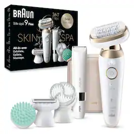 Braun - Silk-épil 9 Flex-Pivoting SkinSpa Epilator, Wet/Dry, Shaver Head, Massage Pad, Exfoliation Brush and BodyTrimmer - White/Tinted Gold