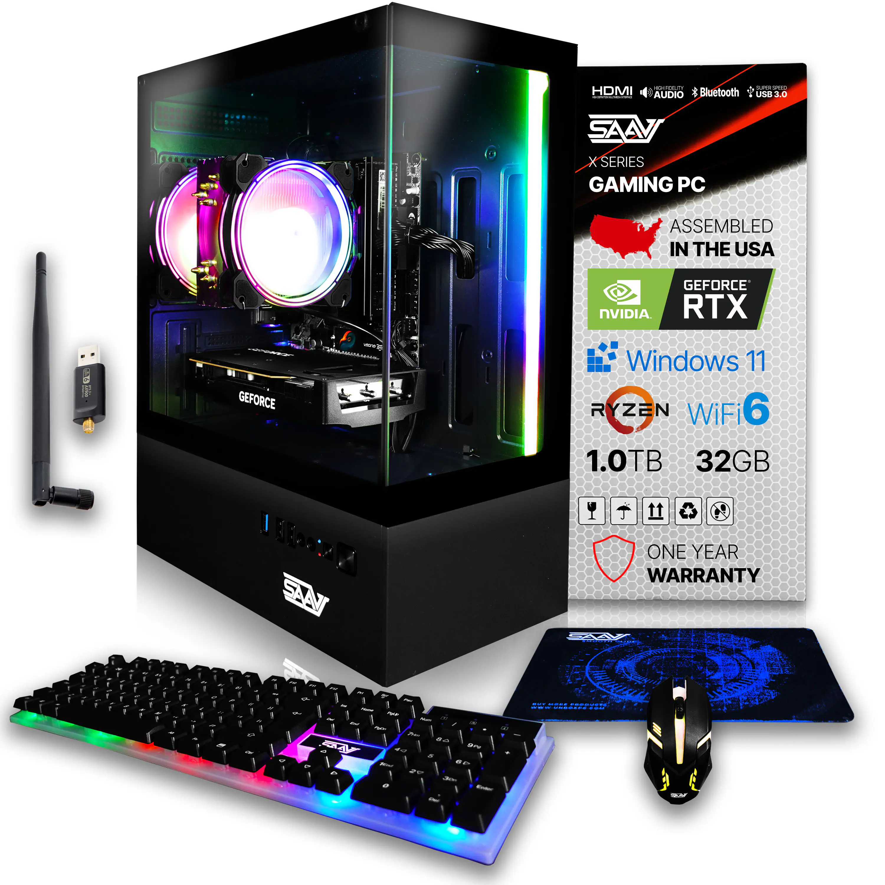 C - HDMI AUDIO & Bluetooth SAN X SERIES GAMING PC  
ASSEMBLED IN THE USA  
GEFORCE NVIDIA RTX  
GEFORCE I 2  
SAN  
Windows 11  
RYZEN  
WiFi 6  
1.0TB  
32GB  
ONE YEAR WARRANTY