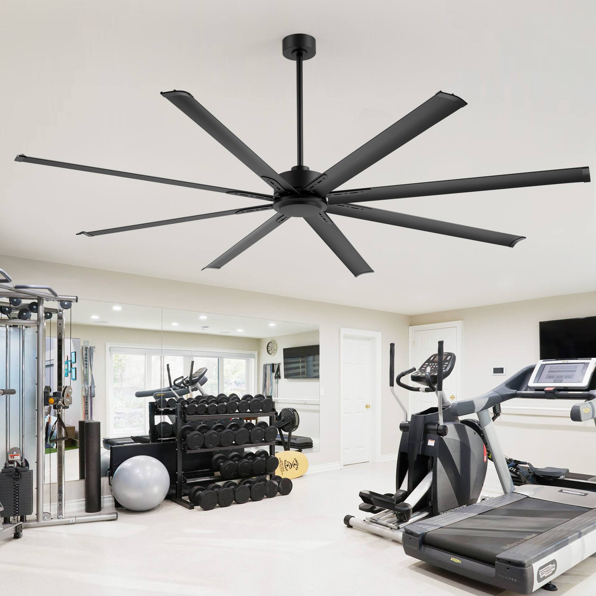 Back. Breezary - 84/96/120 Inch Extra Large HVLS Commercial Ceiling Fan, No Light, Aluminum Blades, DC Motor, Remote, 3 Downrods Included - 84-in Black.