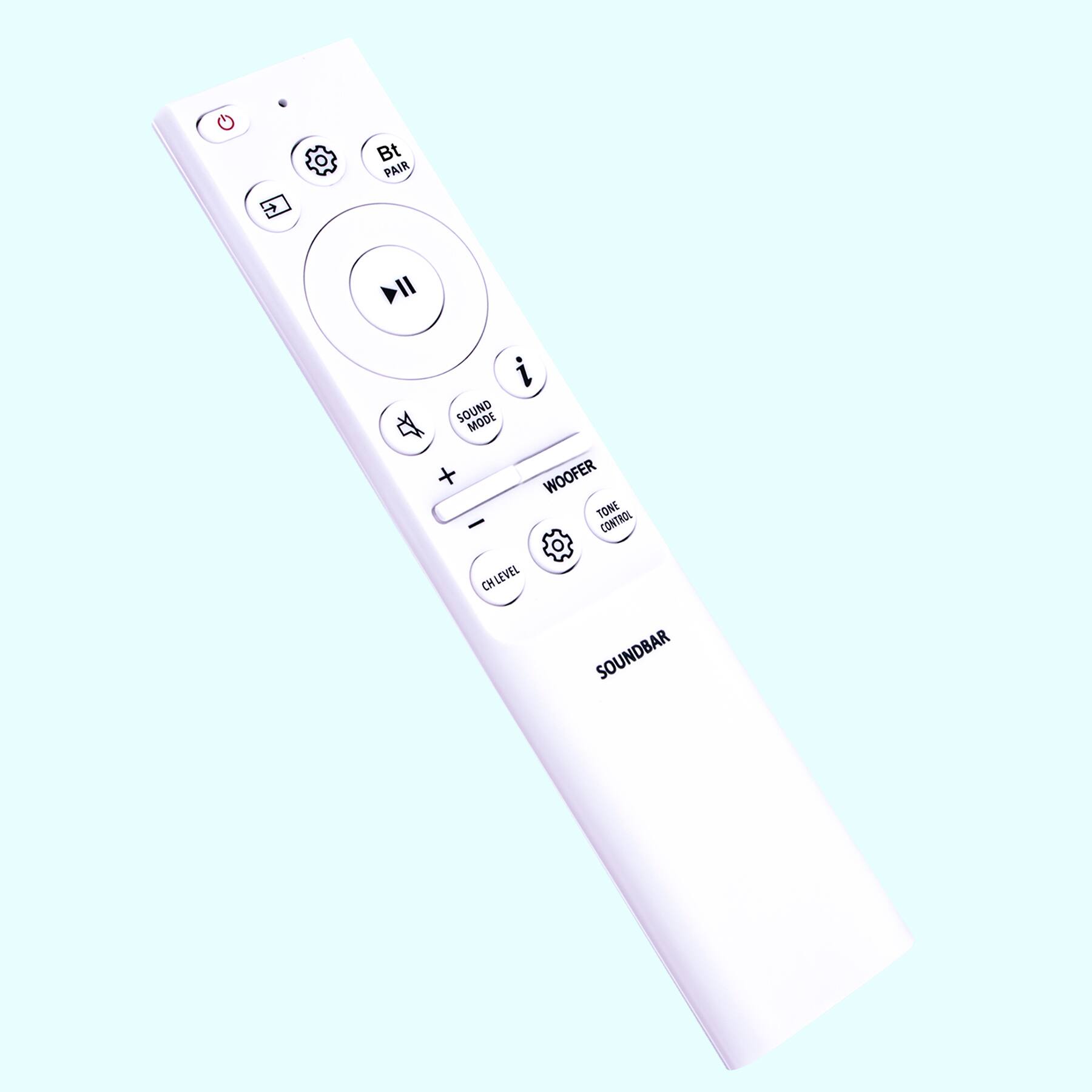 - BT PAIR
- SOUND MODE
- WOOFER
- TONE CONTROL
- CH LEVEL
- VOLUME
- SOUND BAR