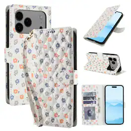 Dteck - Floral Wallet Case for Apple iPhone 17 Pro Max with Wrist Strap, Premium PU Leather Shockproof Protective Flip Cover - B