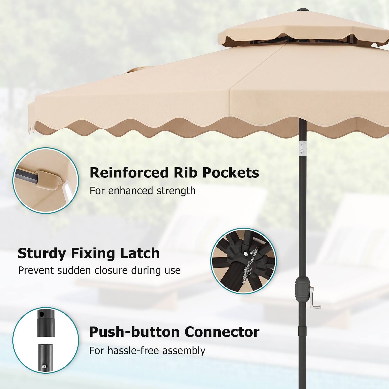 Reinforced Rib Pockets  
For enhanced strength  

Sturdy Fixing Latch  
Prevent sudden closure during use  

Push-button Connector  
For hassle-free assembly