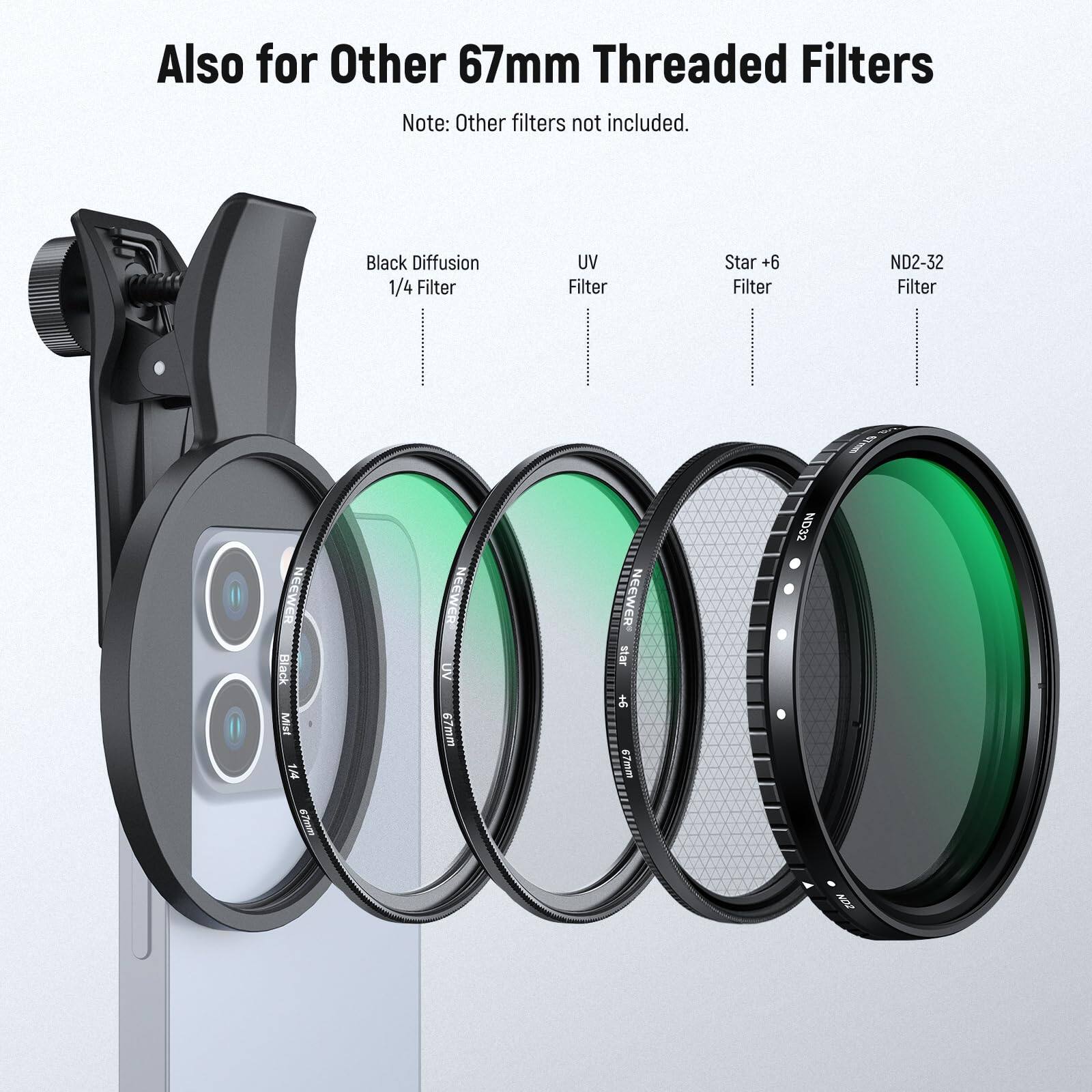 Also for Other 67mm Threaded Filters  
Note: Other filters not included.  

- Black Diffusion 1/4 Filter  
- UV Filter  
- Star +6 Filter  
- ND2-32 Filter  

NEEWER Black Mist 1.4 67mm  
NEEWER UV 67mm  
NEEWER ND32