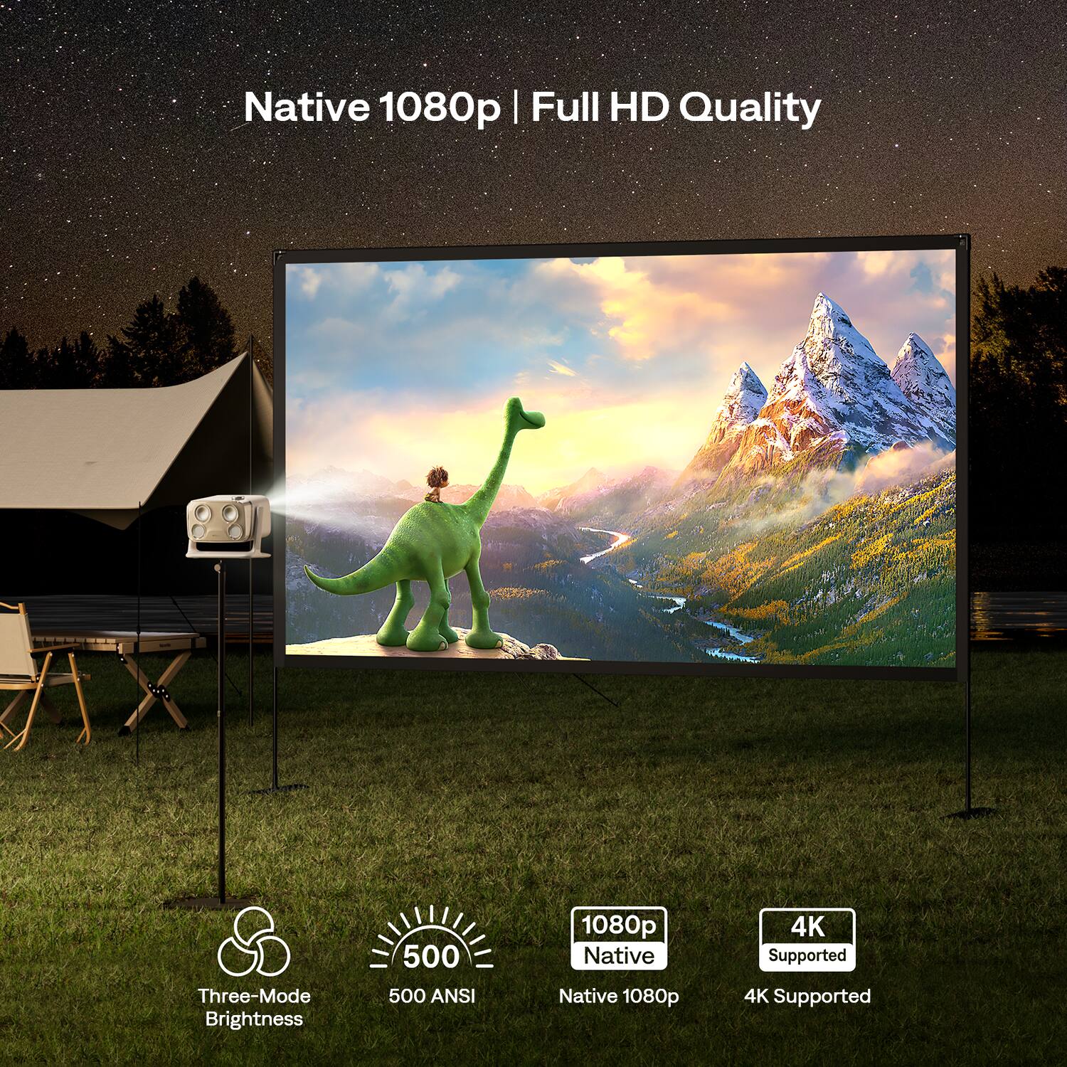 Native 1080p | Full HD Quality

Three-Mode Brightness

500 ANSI

1080p Native

4K Supported