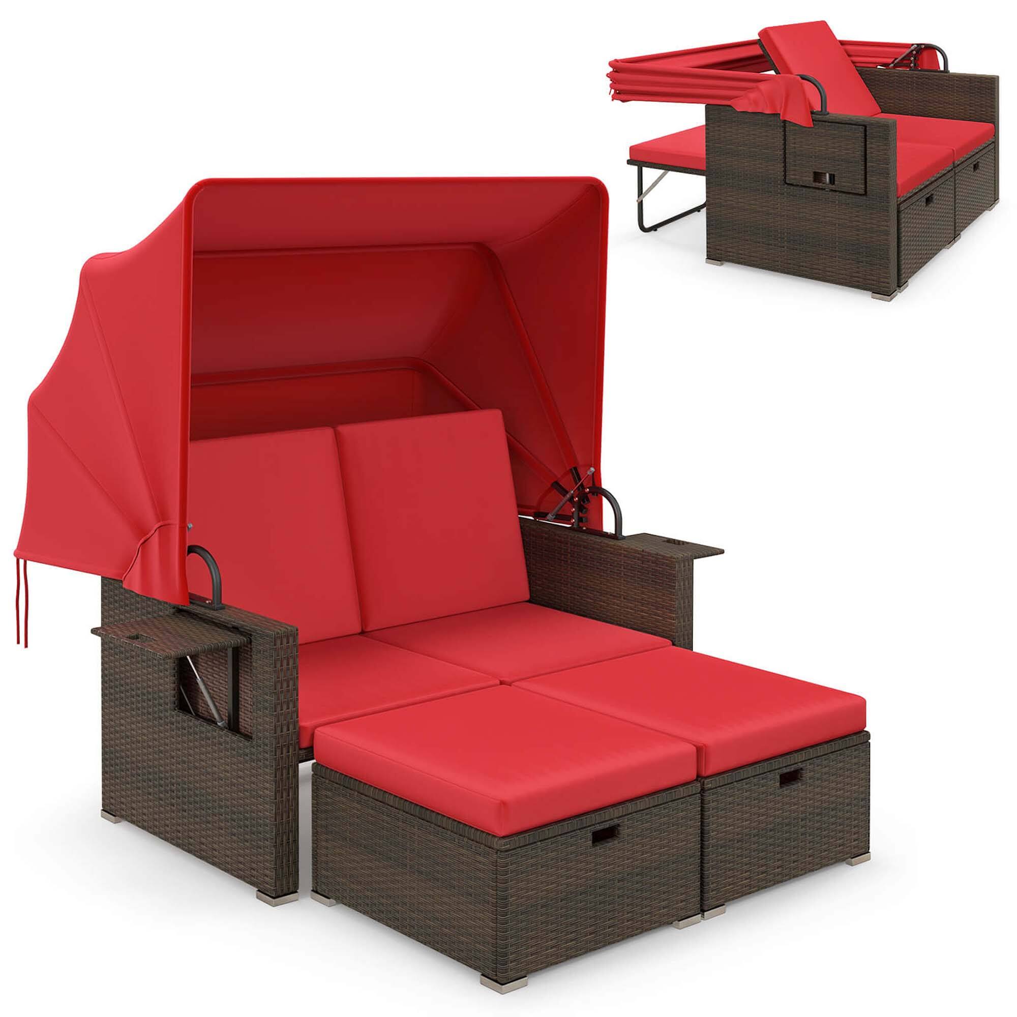 Front. Gymax - Gymax Rattan Daybed w/ Adjustable Backrests & Retractable Canopy for Patio Red - Red.