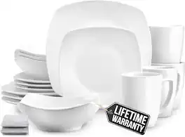 Zulay Kitchen - Luna Plates and Bowls Sets, 16 Piece Modern Porcelain Dish Set for 4 - Pearl White