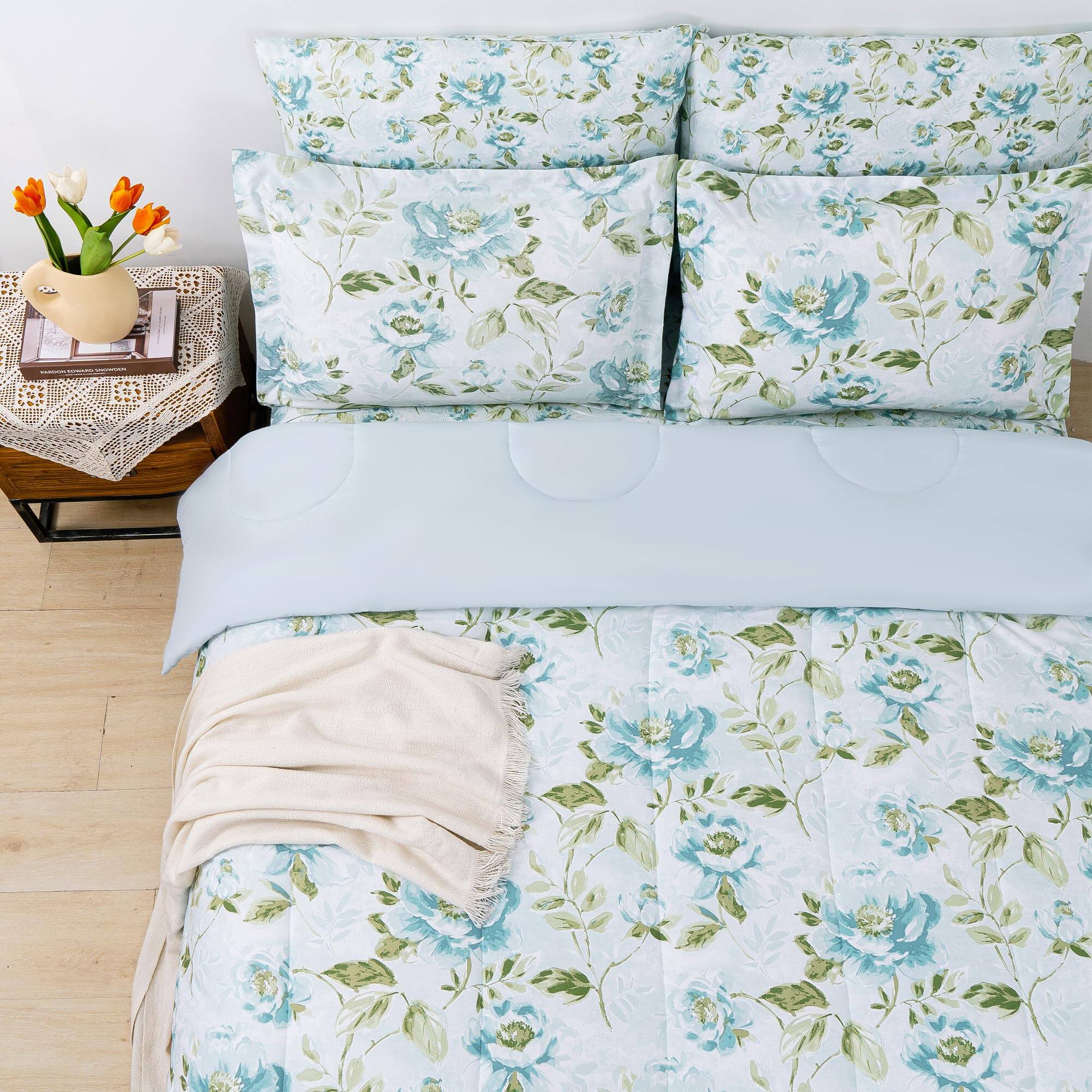 Alt View 3. PO3TICJUNKI3 - Floral Comforter Set Printed 7 Piece Bag In A Bedding All Season Lightweight Farmhouse With Sheets Leaves And - Green Leaves-Queen.