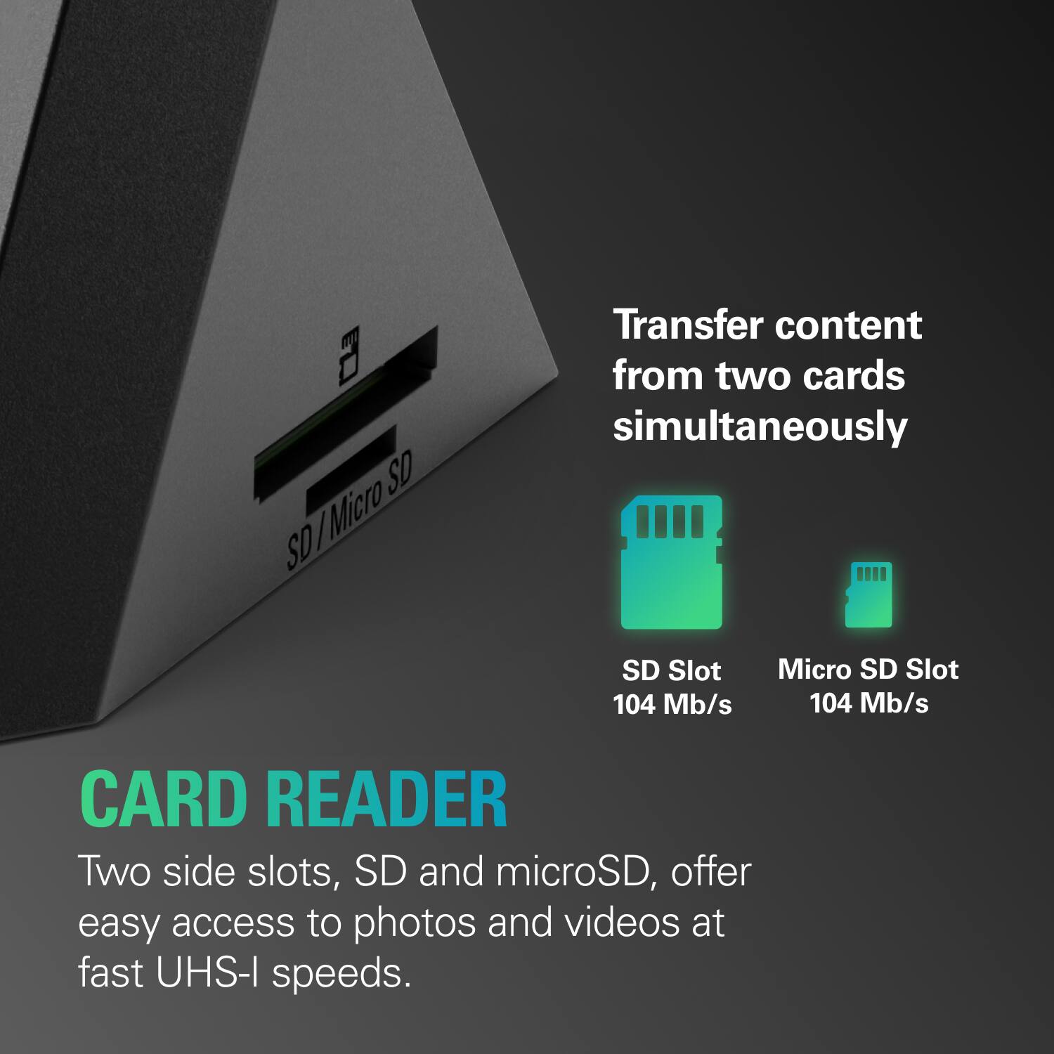 The text on the image is grouped and corrected as follows:

Card Reader: Two side slots, SD and microSD, offer easy access to photos and videos at fast UHS-I speeds.