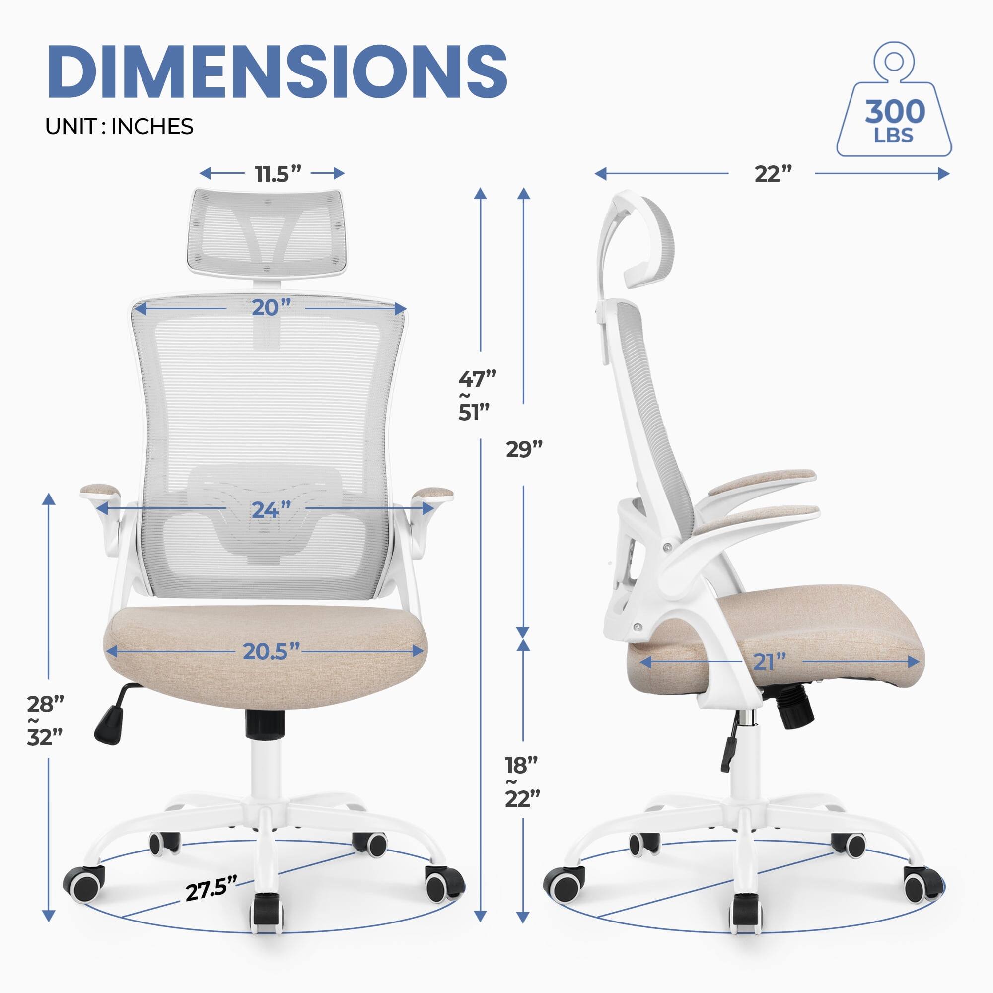 DIMENSIONS  
UNIT: INCHES  

- 11.5"  
- 22"  
- 20"  
- 47" ~ 51"  
- 29"  
- 24"  
- 20.5"  
- 21"  
- 28" ~ 32"  
- 18" ~ 22"  
- 27.5"  

300 LBS