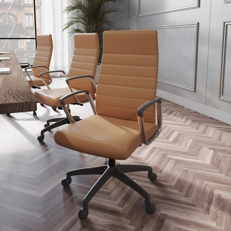 Angle. LeisureMod - Hilton High-Back Adjustable Office Desk Chair Upholstered in Leather with Steel Frame, Swivel, and Ergonomic Support - Light Brown.