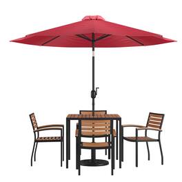 Emma + Oliver - 7 Piece Patio Table Set - 4 Synthetic Faux Teak Stackable Chairs - Faux Teak Table - Umbrella with Base - Red